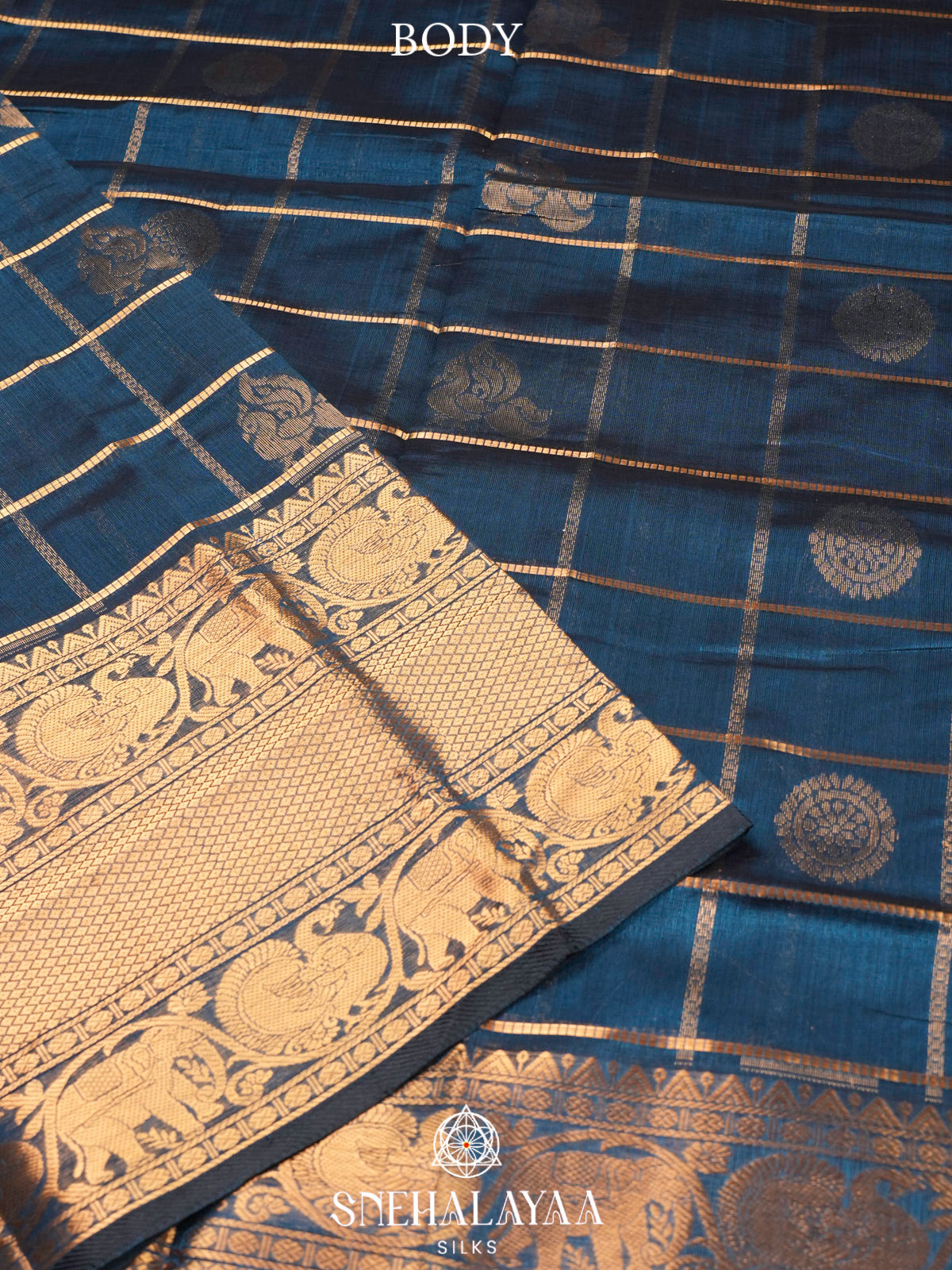 Peacock Blue Kuppadam Silk Cotton Saree with Elephant Zari Border