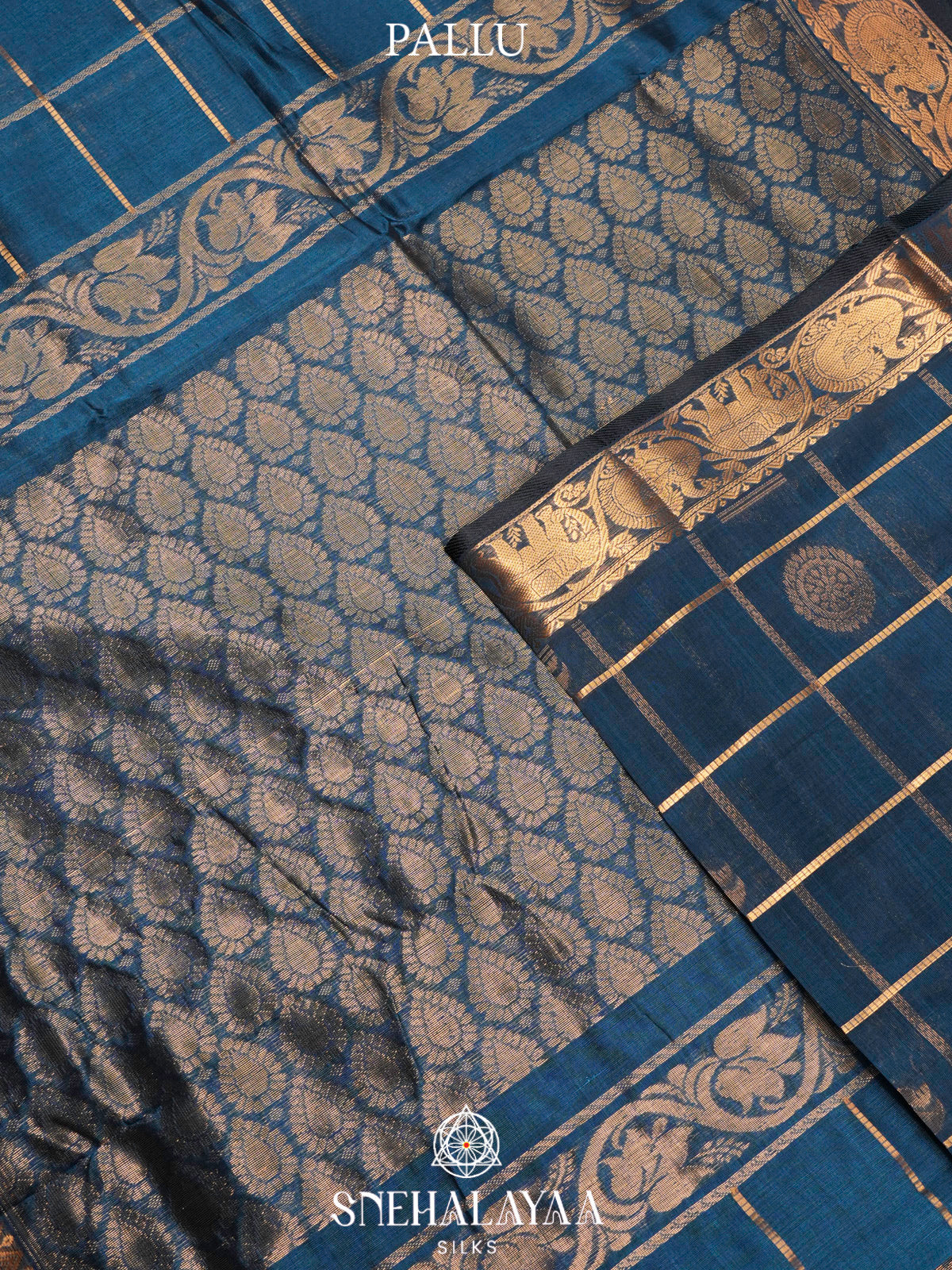 Peacock Blue Kuppadam Silk Cotton Saree with Elephant Zari Border