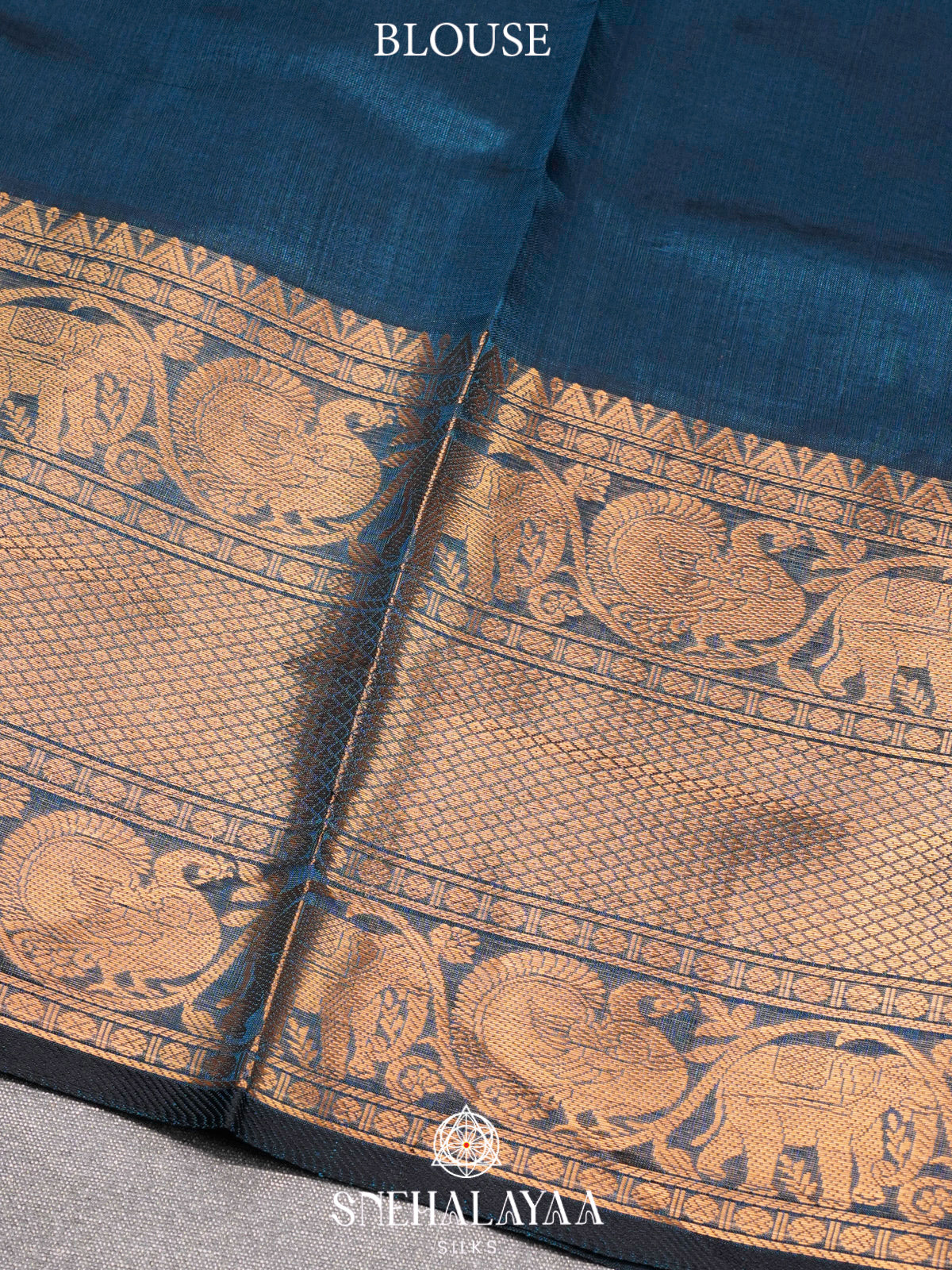 Peacock Blue Kuppadam Silk Cotton Saree with Elephant Zari Border