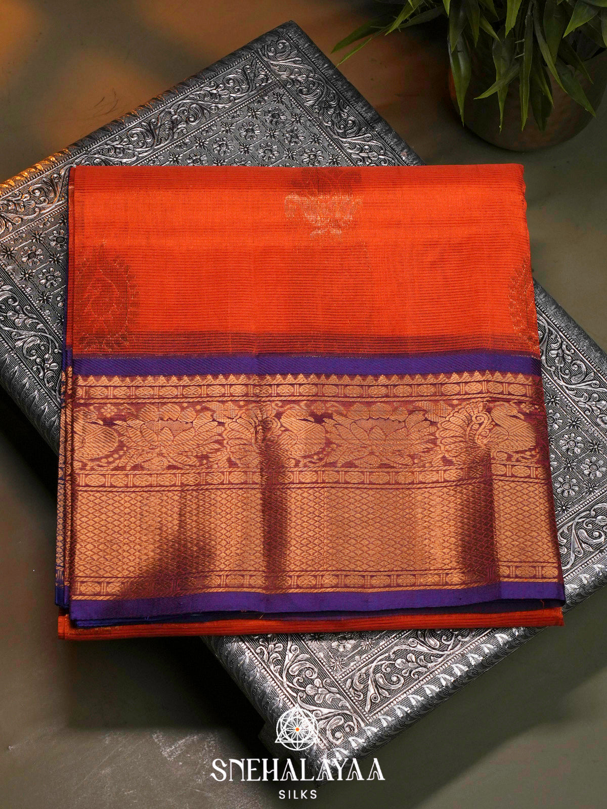 Orange Kuppadam Silk Cotton Saree with Peacock Zari Border