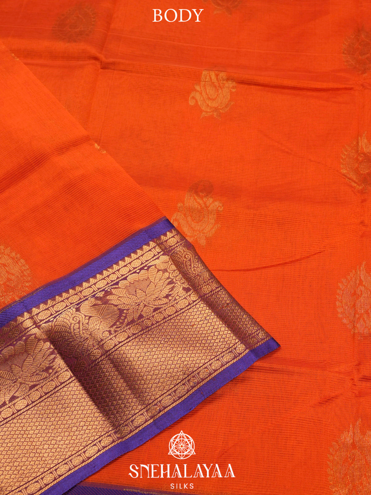 Orange Kuppadam Silk Cotton Saree with Peacock Zari Border