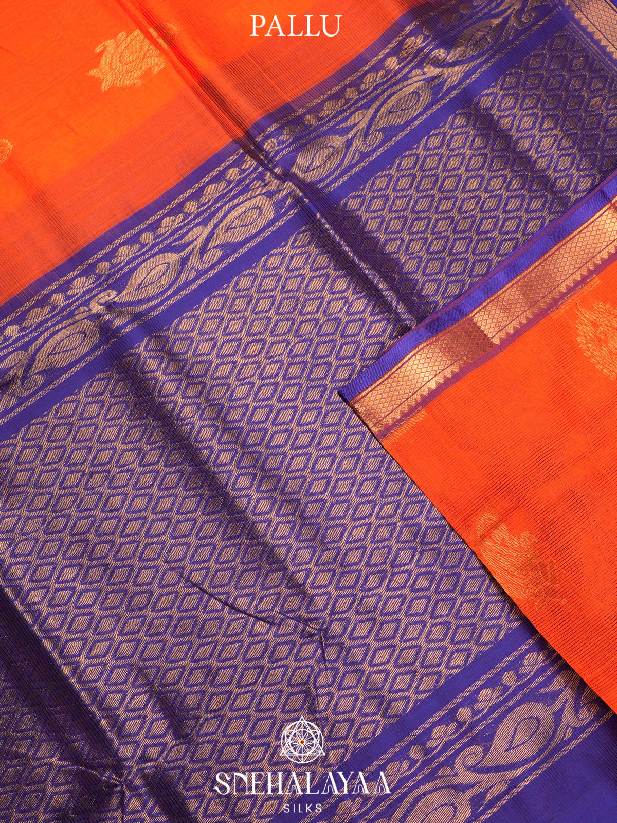 Orange Kuppadam Silk Cotton Saree with Peacock Zari Border
