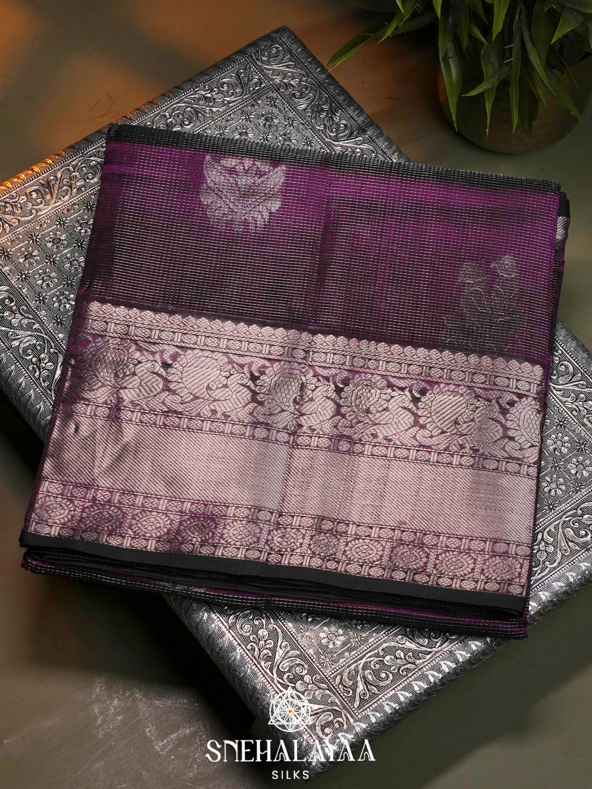 Purple Kuppadam Silk Cotton Saree with Floral Zari Border