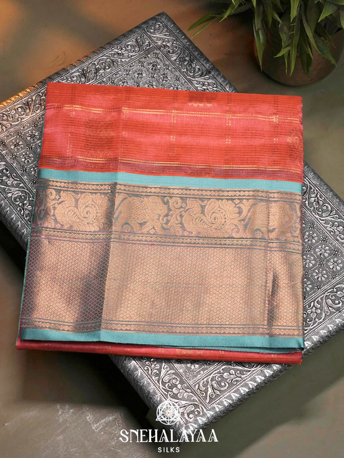 Coral Pink Kuppadam Silk Cotton Saree with Sea Green Zari Border