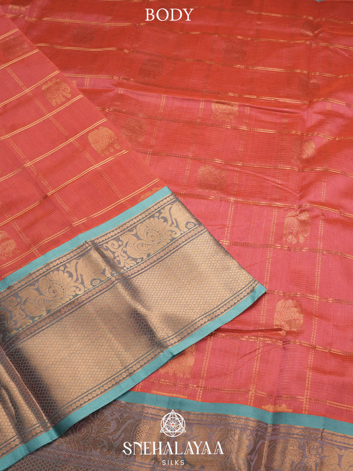 Coral Pink Kuppadam Silk Cotton Saree with Sea Green Zari Border