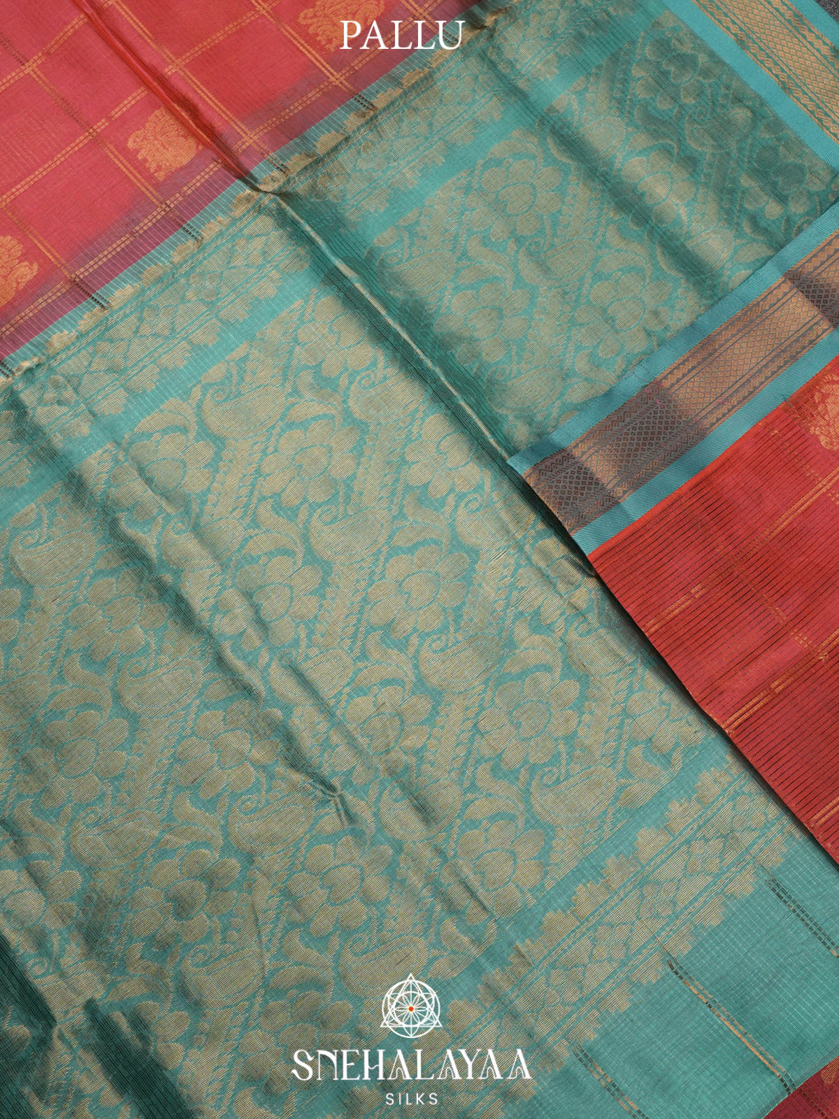 Coral Pink Kuppadam Silk Cotton Saree with Sea Green Zari Border