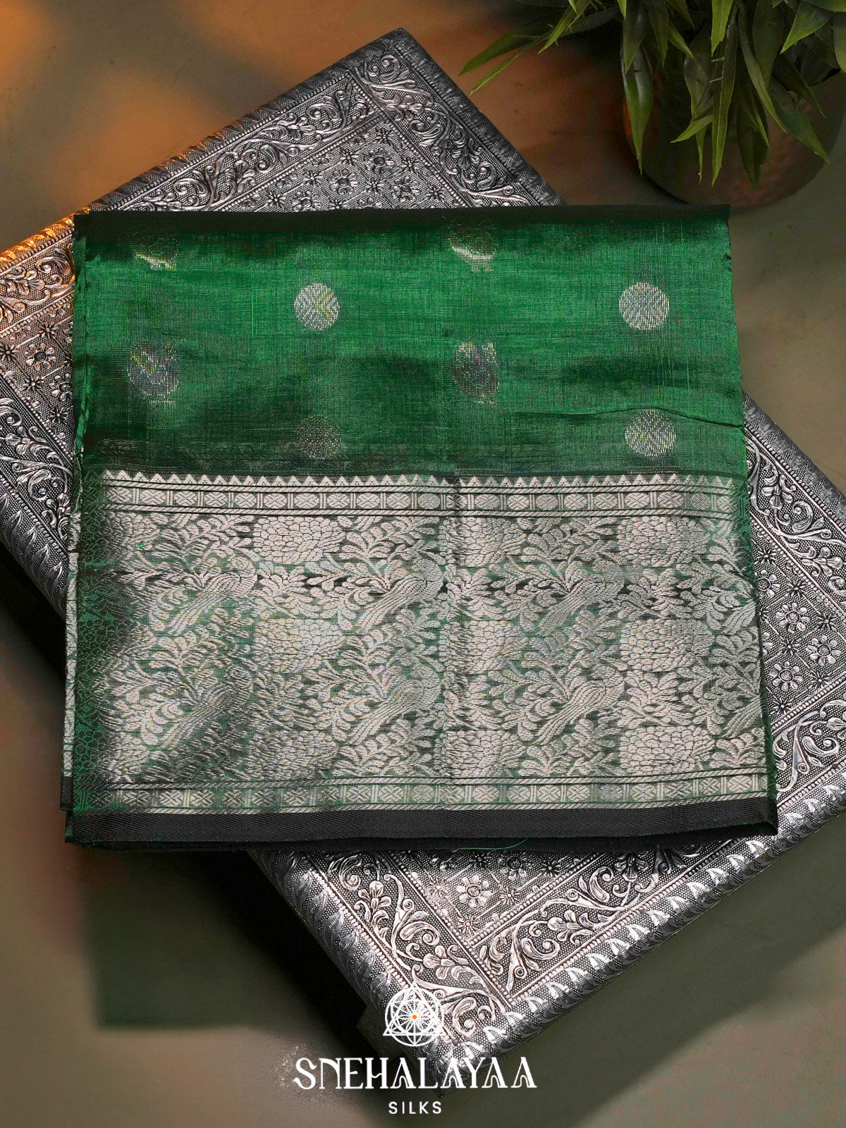 Emerald Green Kuppadam Silk Cotton Saree with Peacock Zari Border