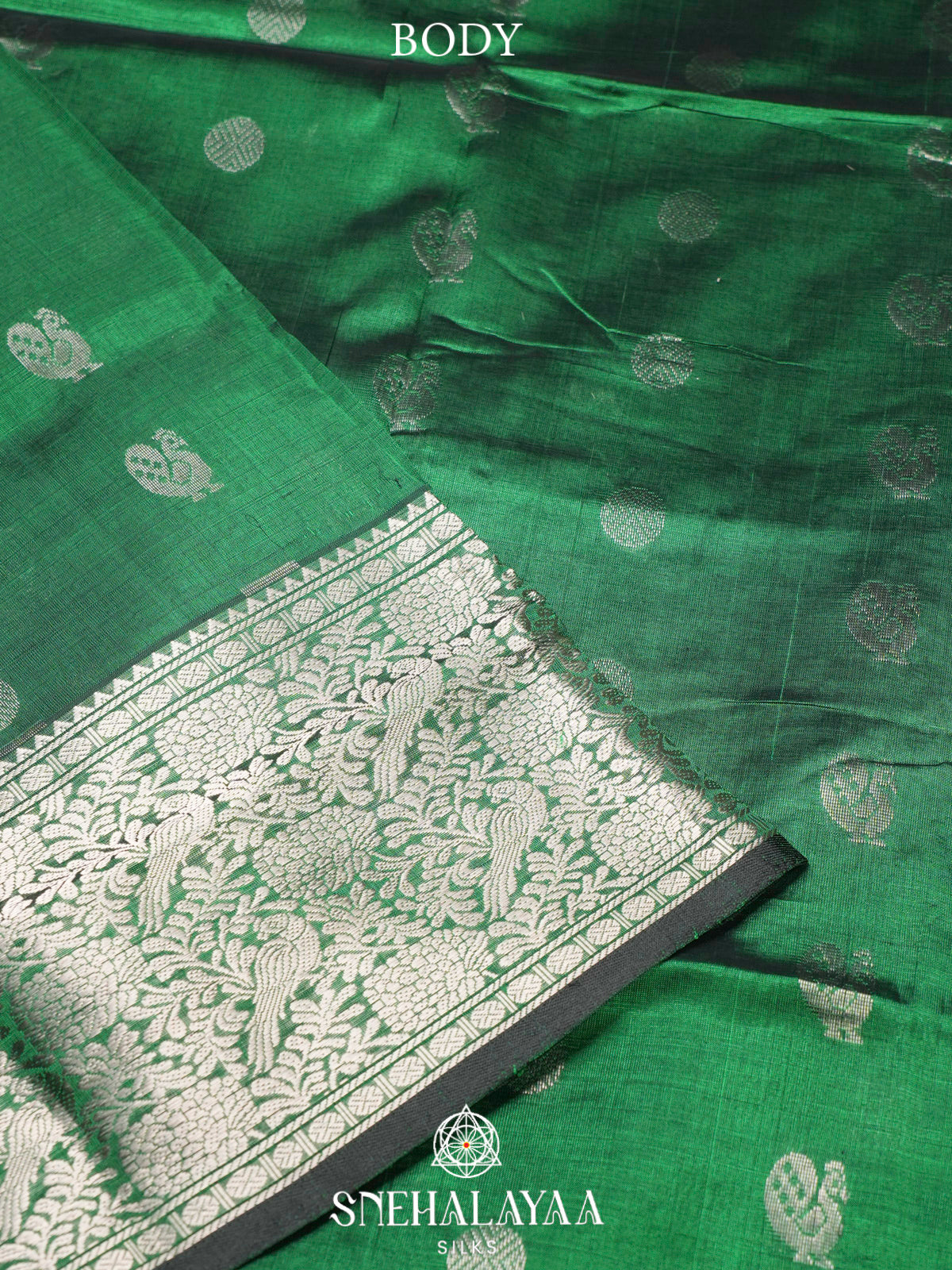 Emerald Green Kuppadam Silk Cotton Saree with Peacock Zari Border