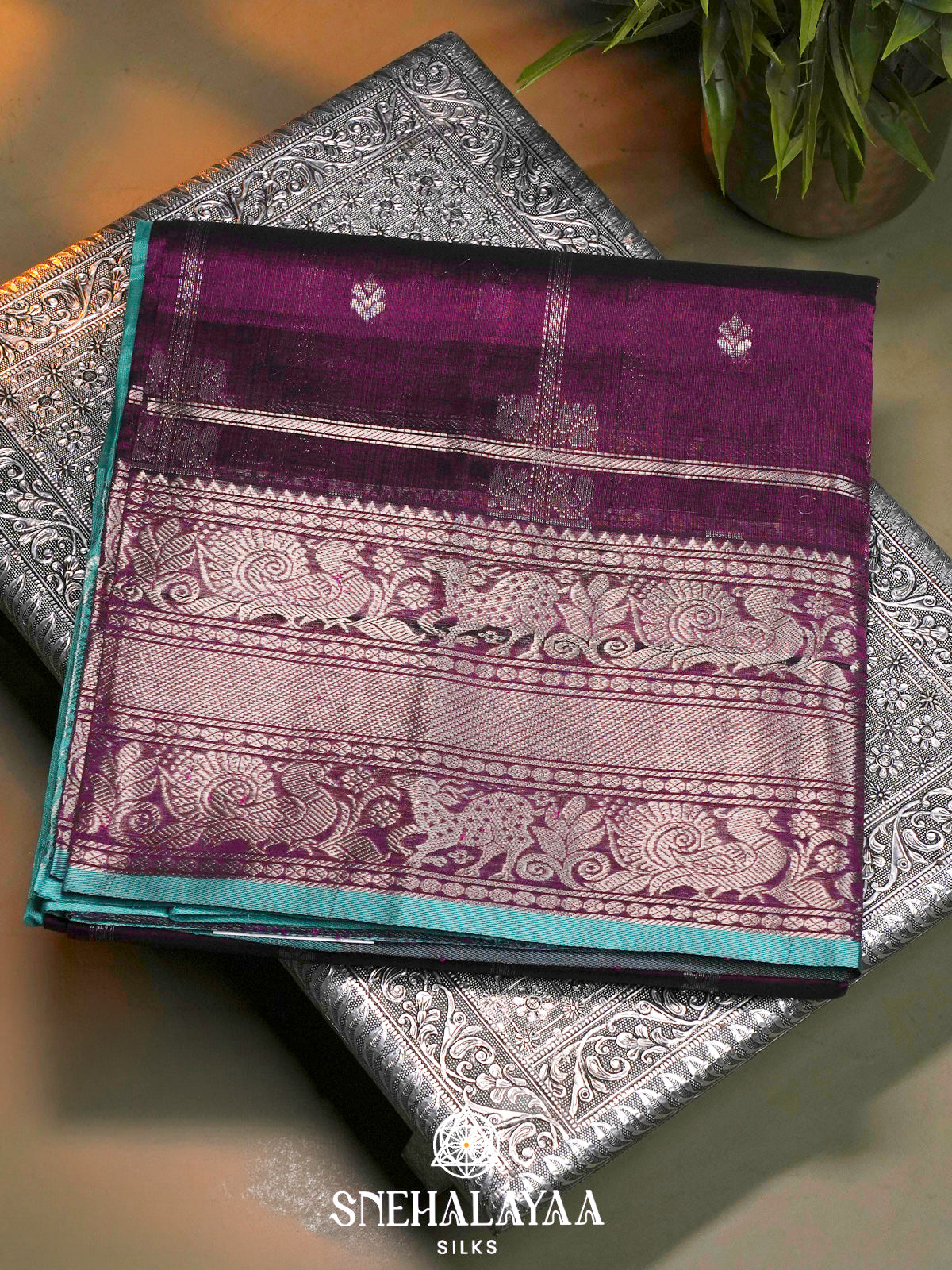 Wine Kuppadam Silk Cotton Saree with Sea Green Border