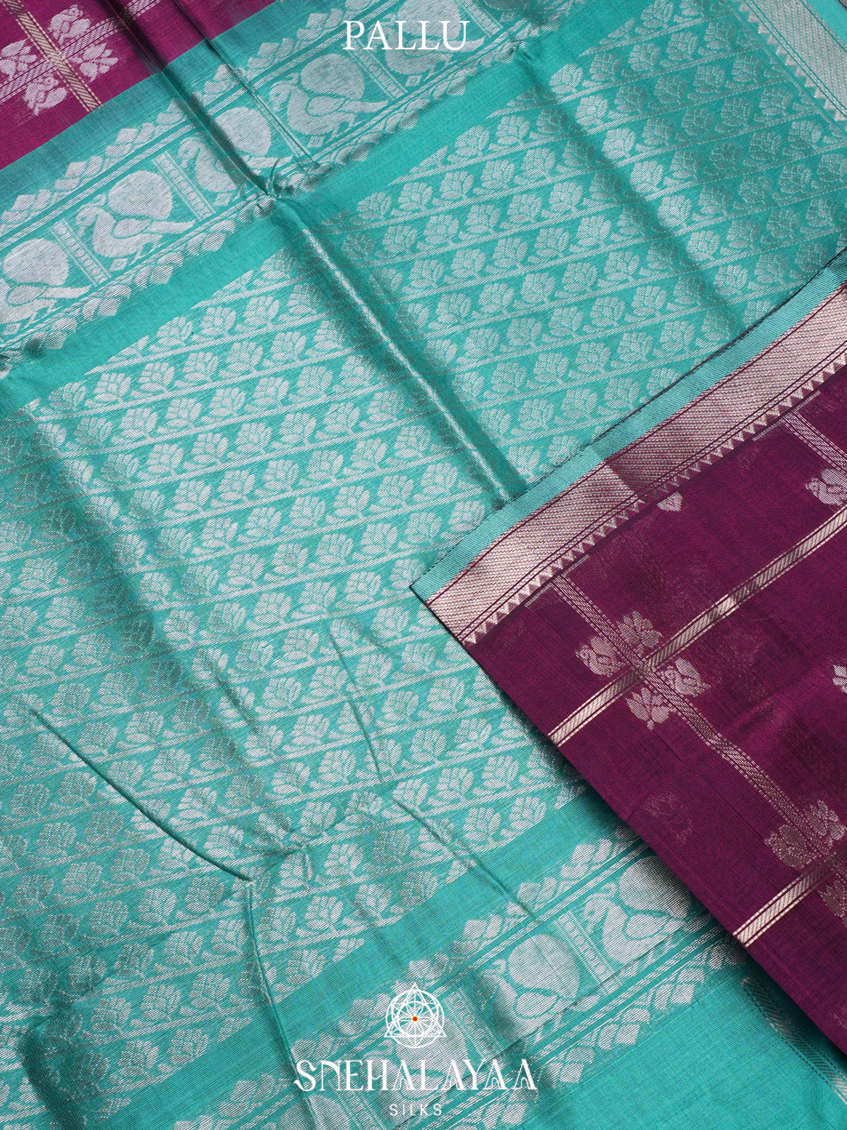 Wine Kuppadam Silk Cotton Saree with Sea Green Border