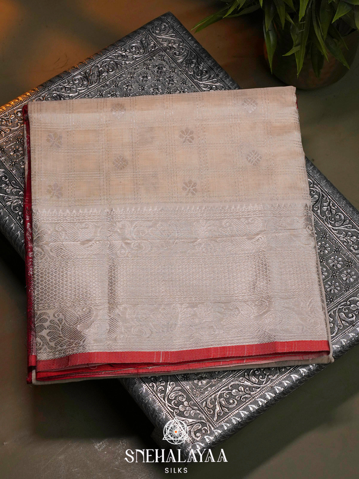 Cream Kuppadam Silk Cotton Saree with Silver Zari Border