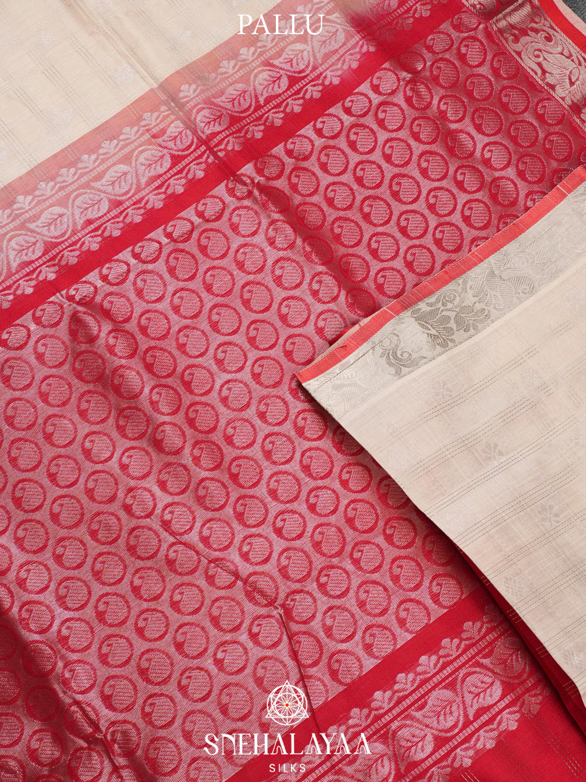 Cream Kuppadam Silk Cotton Saree with Silver Zari Border