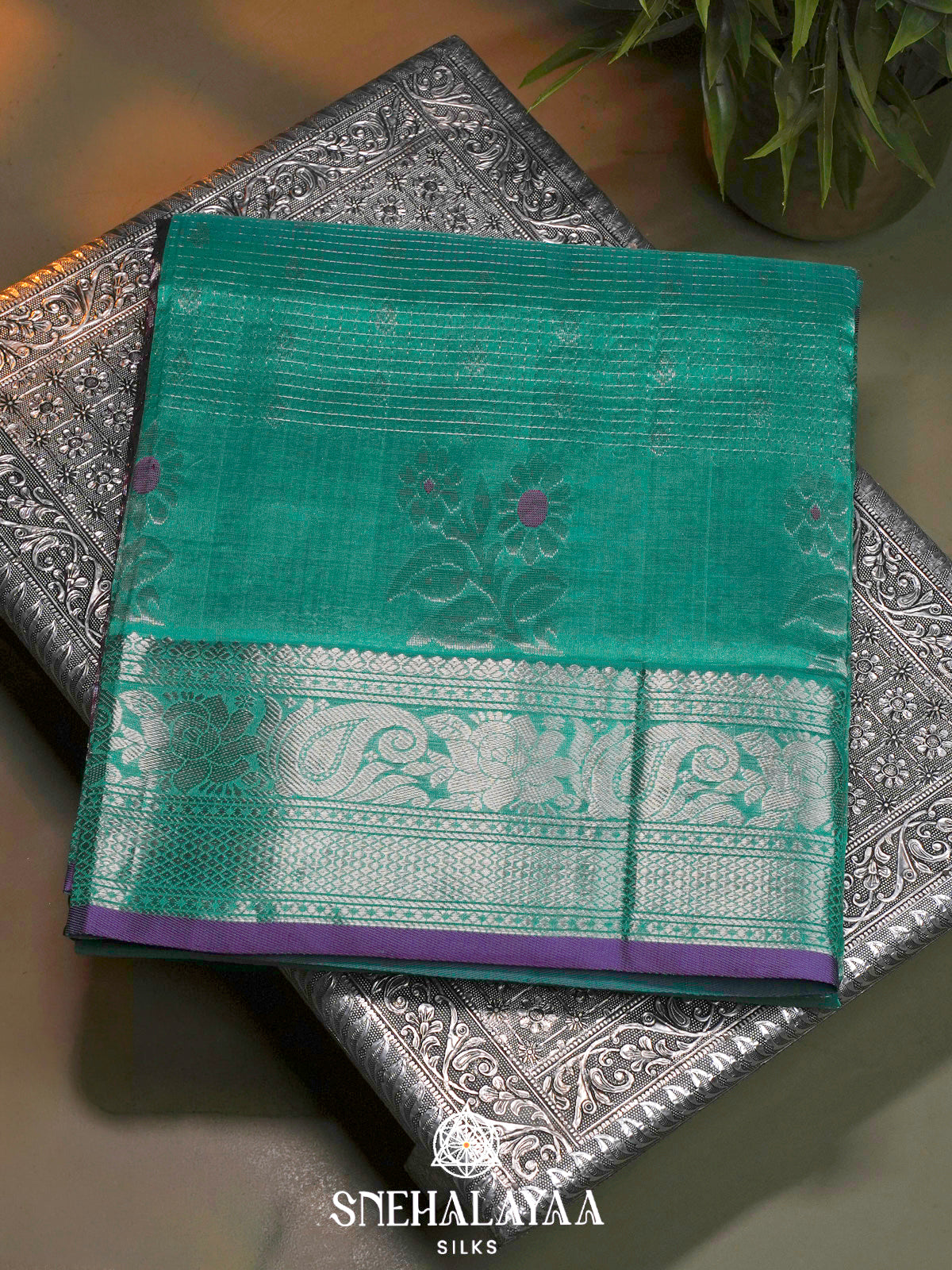 Teal Green Kuppadam Silk Cotton Saree with Purple Zari Border