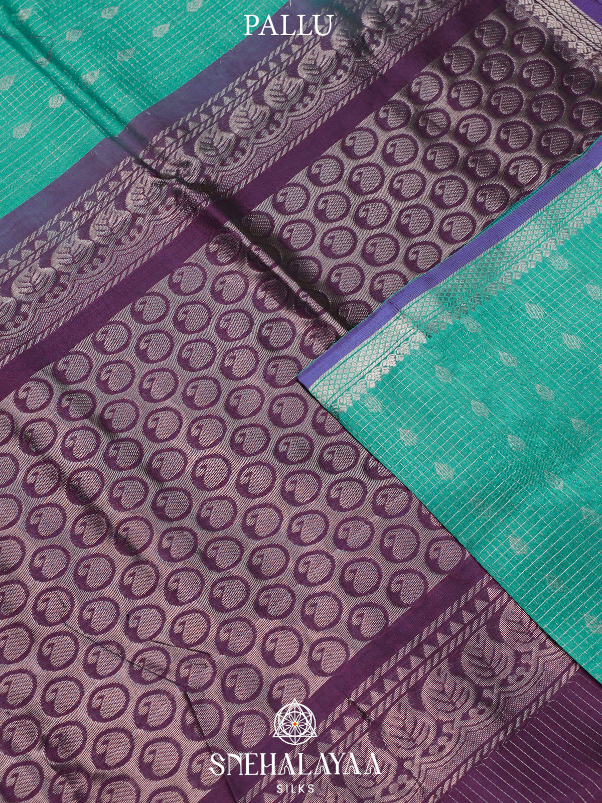 Teal Green Kuppadam Silk Cotton Saree with Purple Zari Border