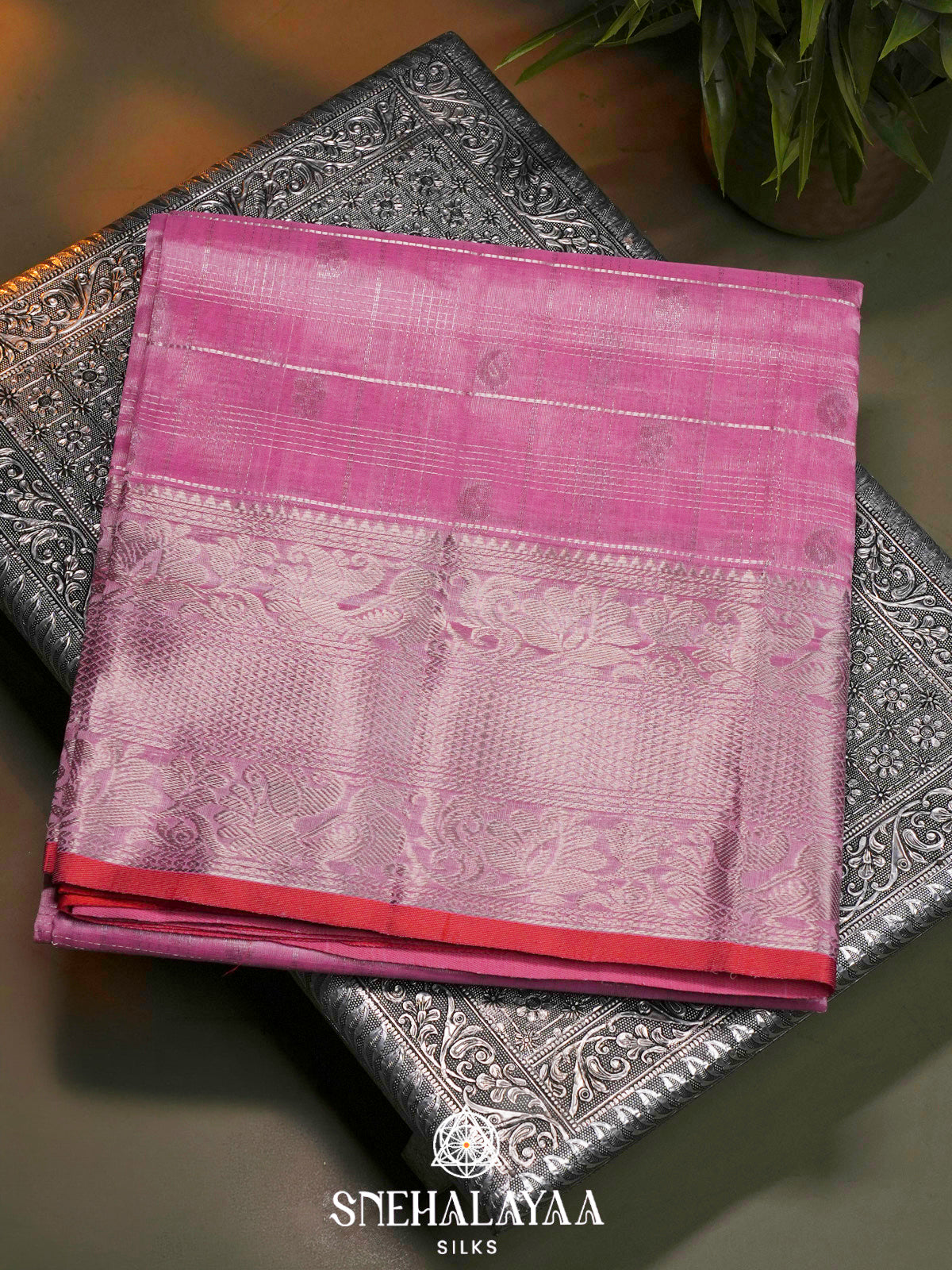 Pink Kuppadam Silk Cotton Saree with Silver Zari Border