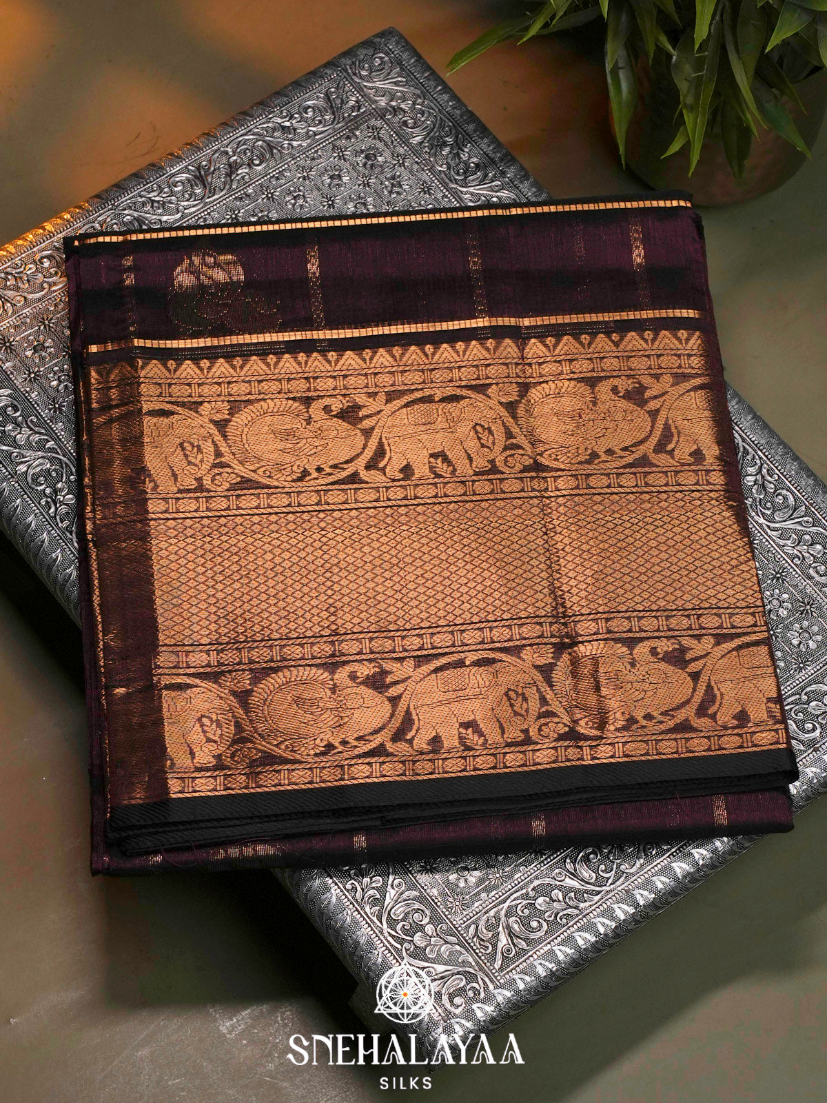 Brown Kuppadam Silk Cotton Saree with Elephant Zari Border
