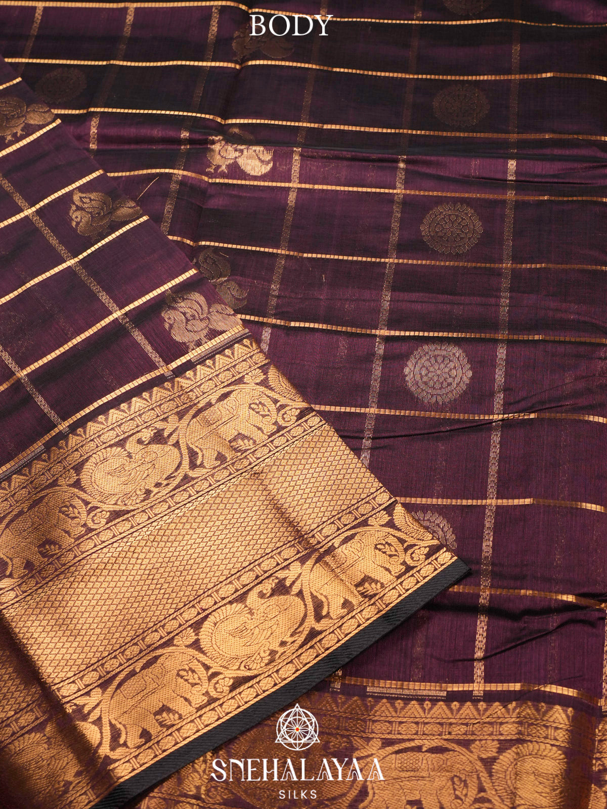 Brown Kuppadam Silk Cotton Saree with Elephant Zari Border