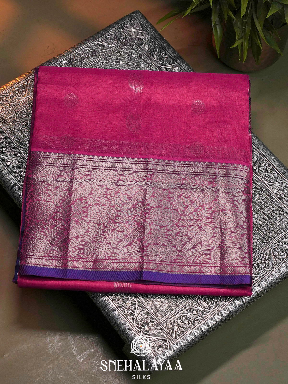 Pink Kuppadam Silk Cotton Saree with Purple Floral Zari Border