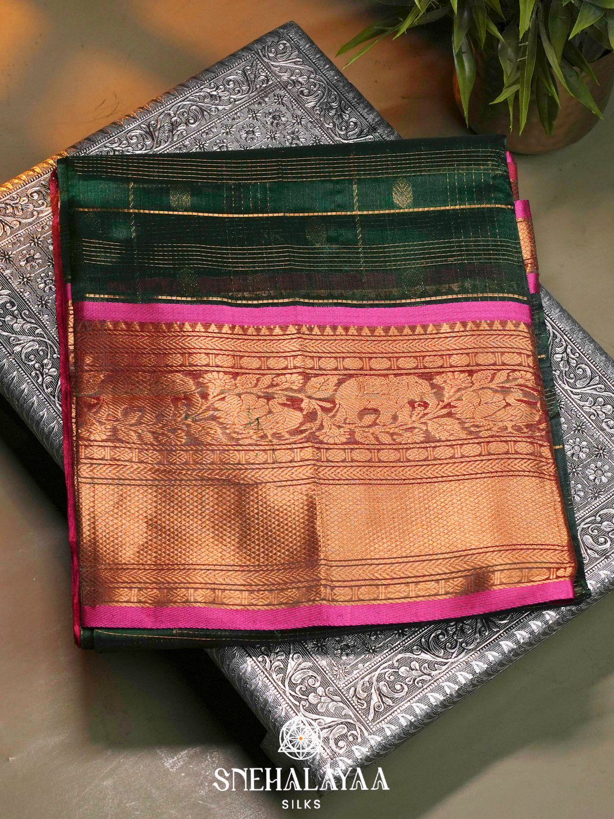 Forest Green Kuppadam Silk Cotton Saree with Elephant Zari Border
