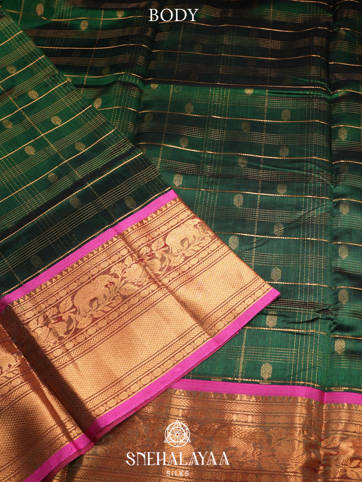 Forest Green Kuppadam Silk Cotton Saree with Elephant Zari Border