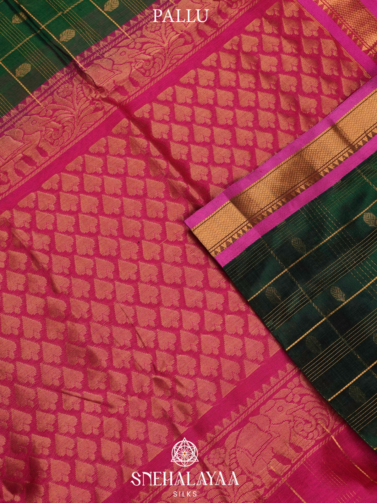 Forest Green Kuppadam Silk Cotton Saree with Elephant Zari Border