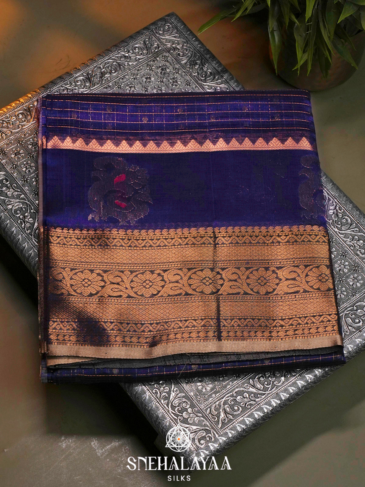 Navy Blue Kuppadam Silk Cotton Saree with Floral Zari Border
