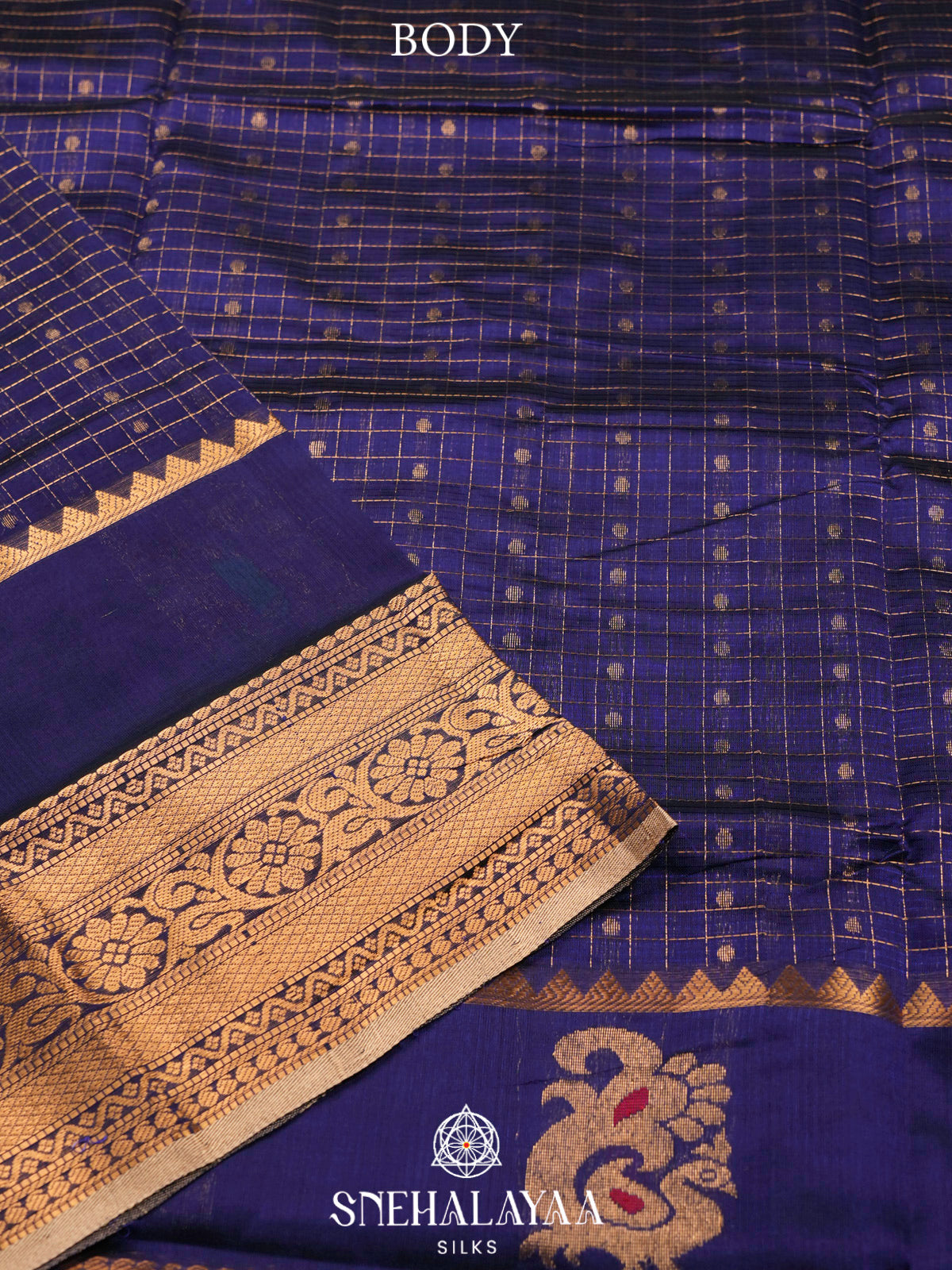 Navy Blue Kuppadam Silk Cotton Saree with Floral Zari Border