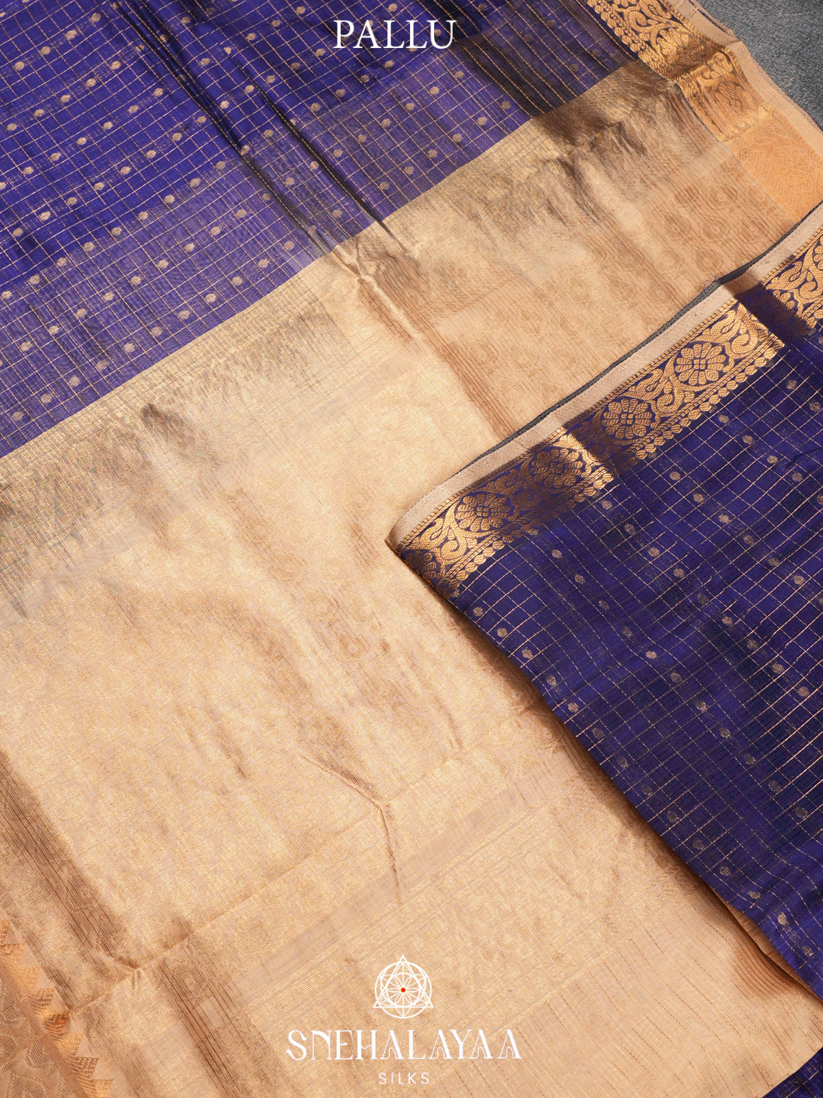 Navy Blue Kuppadam Silk Cotton Saree with Floral Zari Border