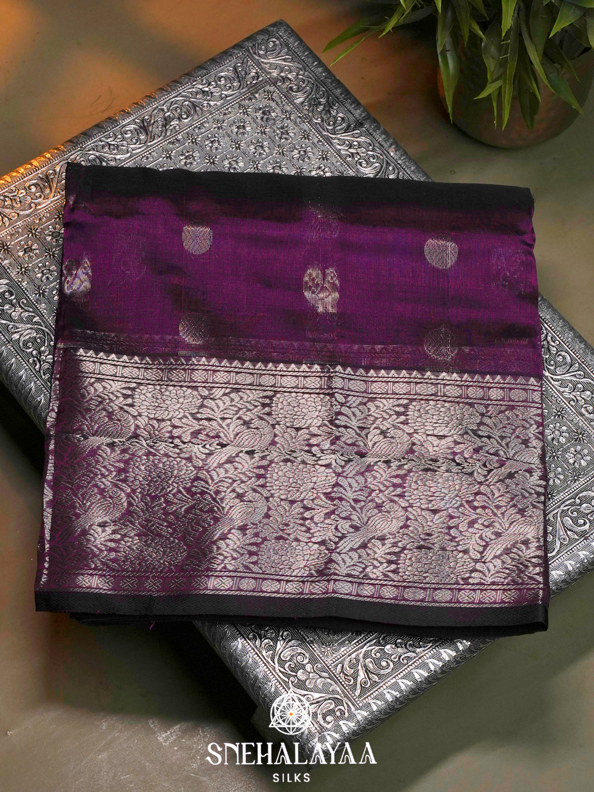 Purple Kuppadam Silk Cotton Saree with Floral Zari Border