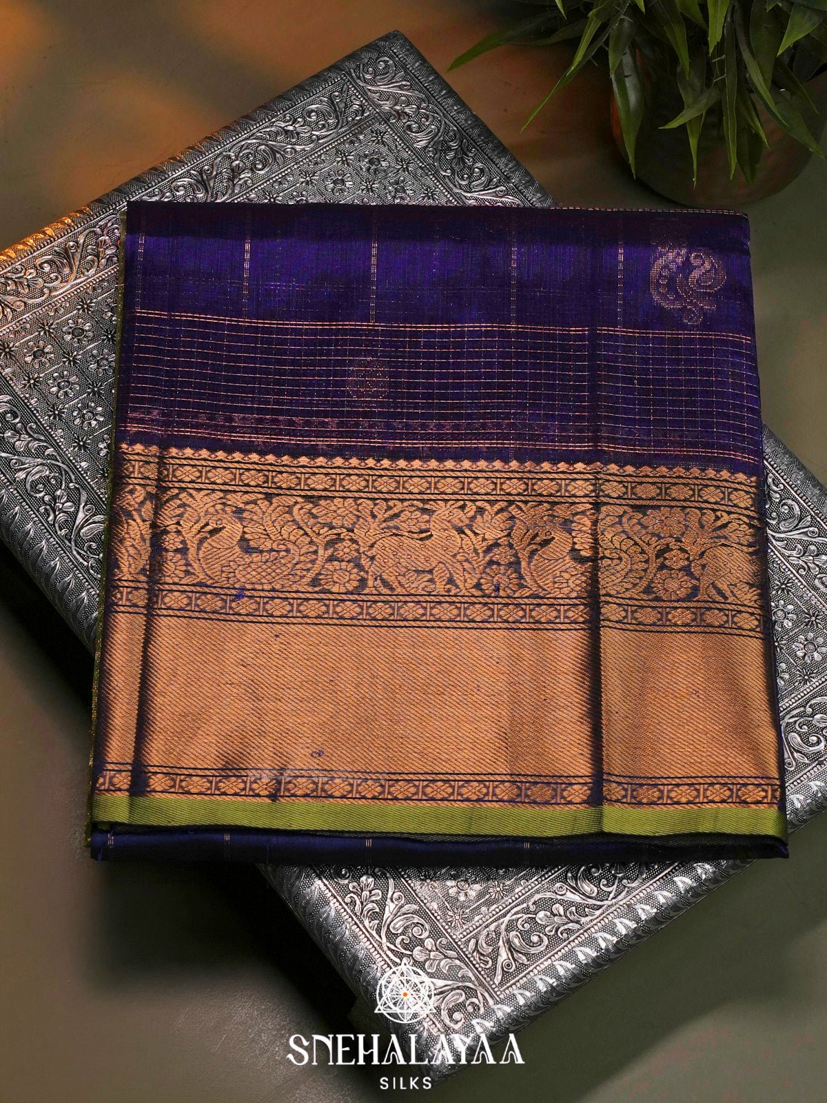 Ink Blue Kuppadam Silk Cotton Saree with Elephant Zari Border