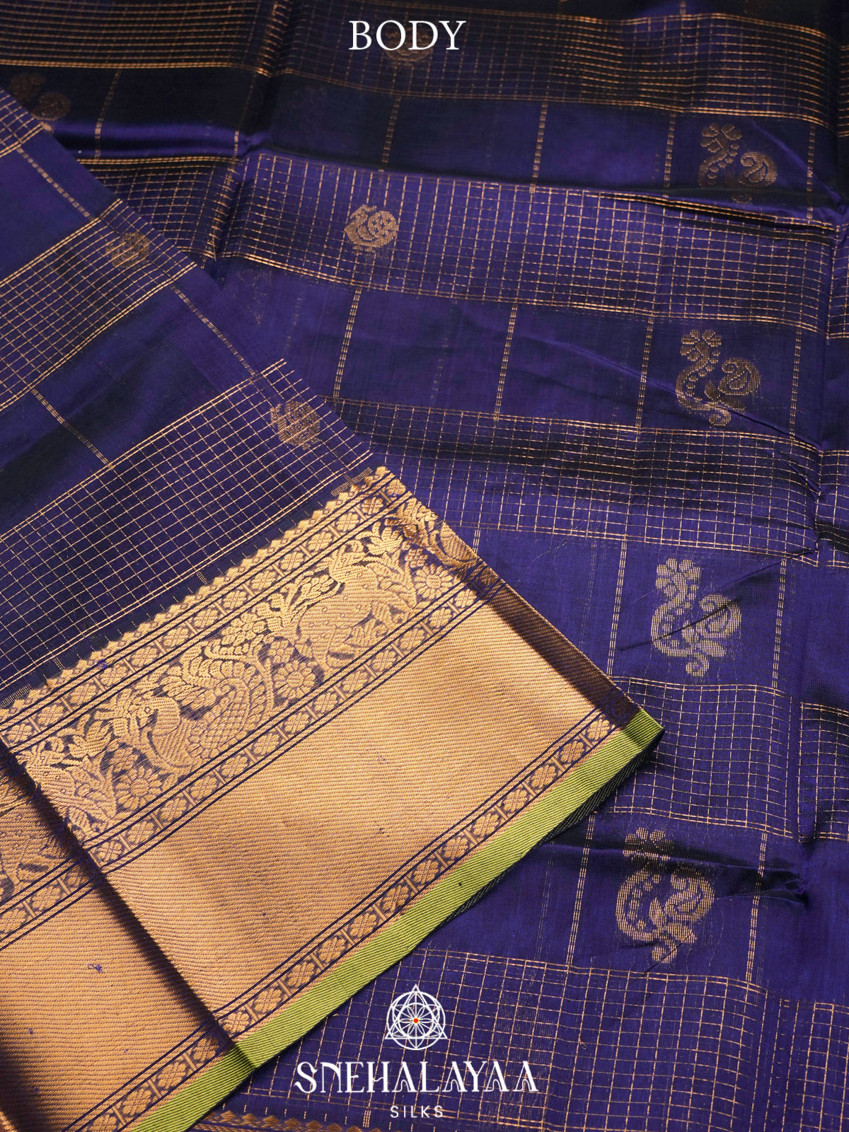 Ink Blue Kuppadam Silk Cotton Saree with Elephant Zari Border