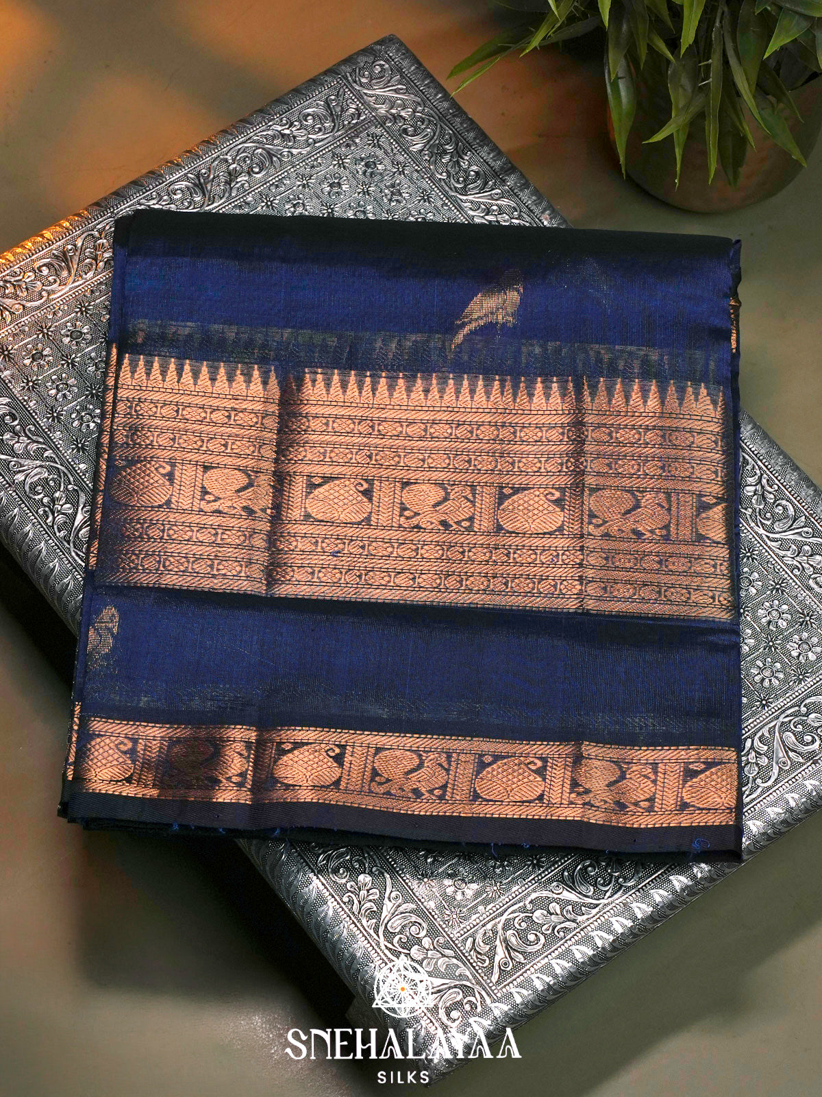 Blue Kuppadam Silk Cotton Saree with Paisley Zari Border