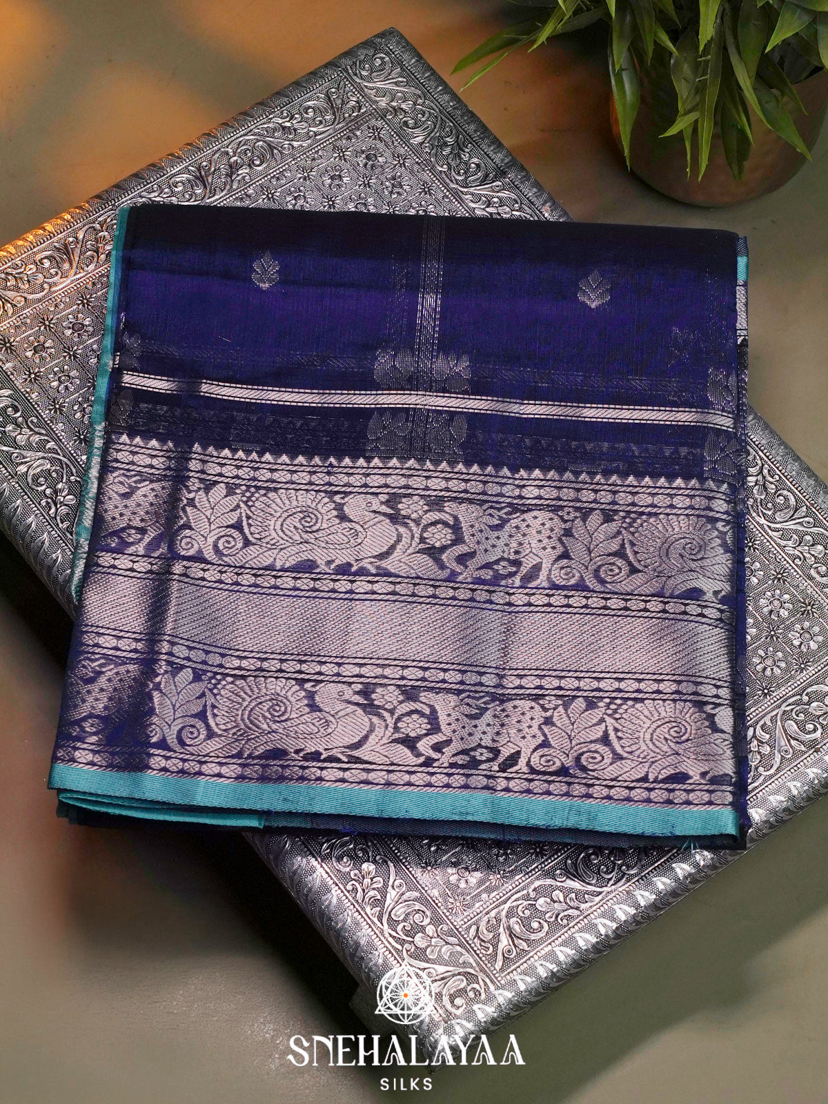 Navy Blue Kuppadam Silk Cotton Saree with Silver Zari Border
