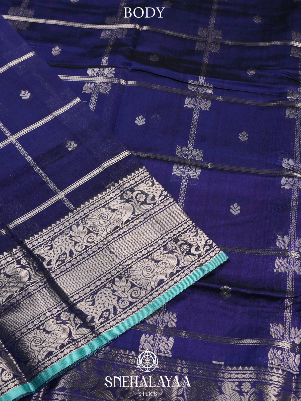 Navy Blue Kuppadam Silk Cotton Saree with Silver Zari Border