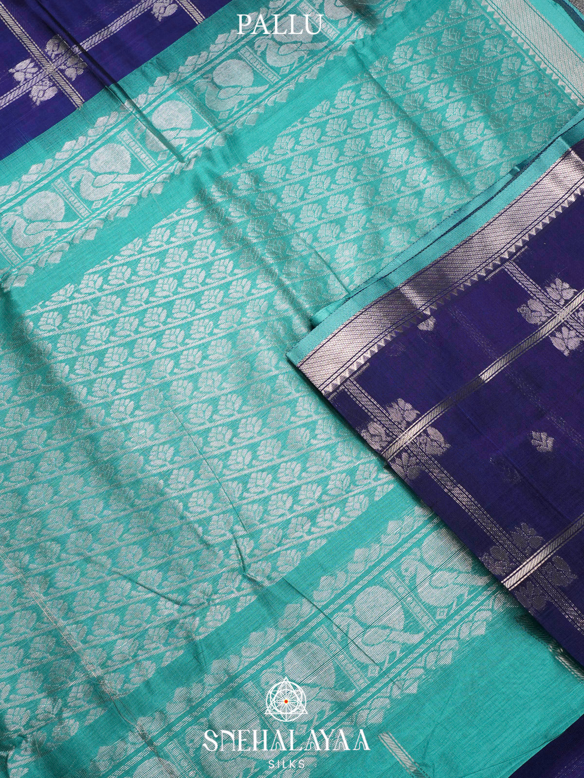 Navy Blue Kuppadam Silk Cotton Saree with Silver Zari Border
