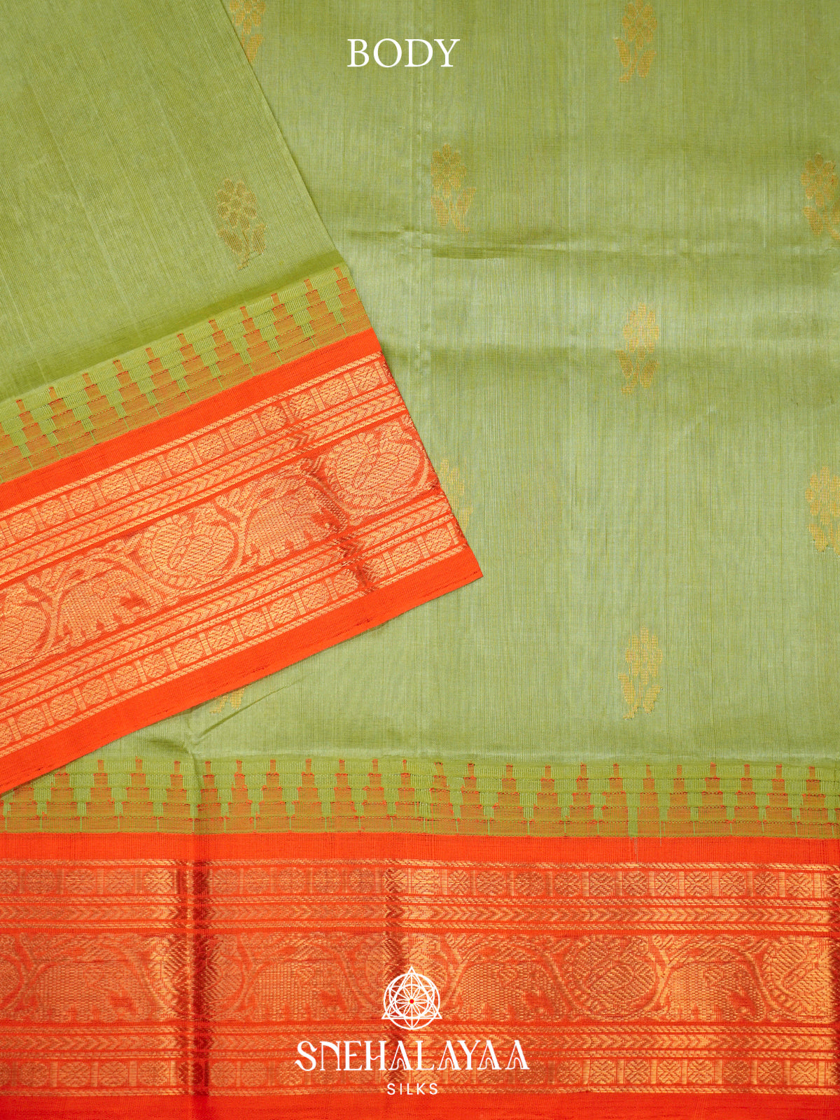 Pista-Green Kanchi Silk Cotton Saree with Gold Zari Buttas & Contrast Orange Border