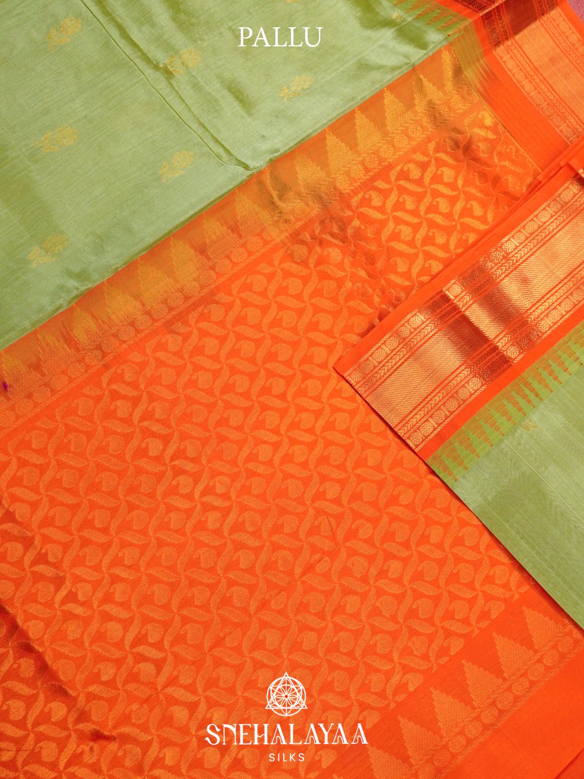 Pista-Green Kanchi Silk Cotton Saree with Gold Zari Buttas & Contrast Orange Border
