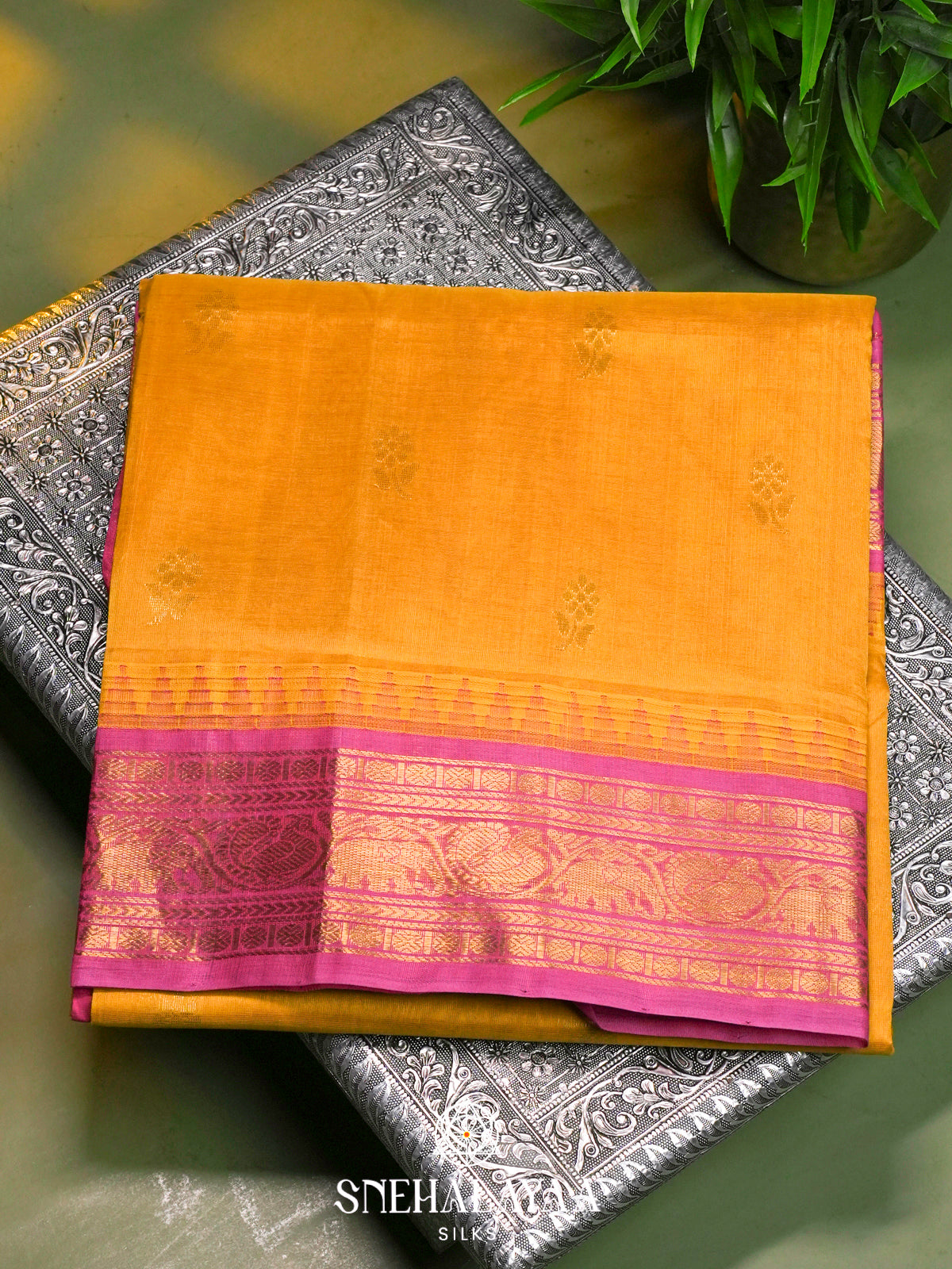 Yellow Kanchi Silk Cotton Saree with Gold Zari Buttas & Contrast Pink Border