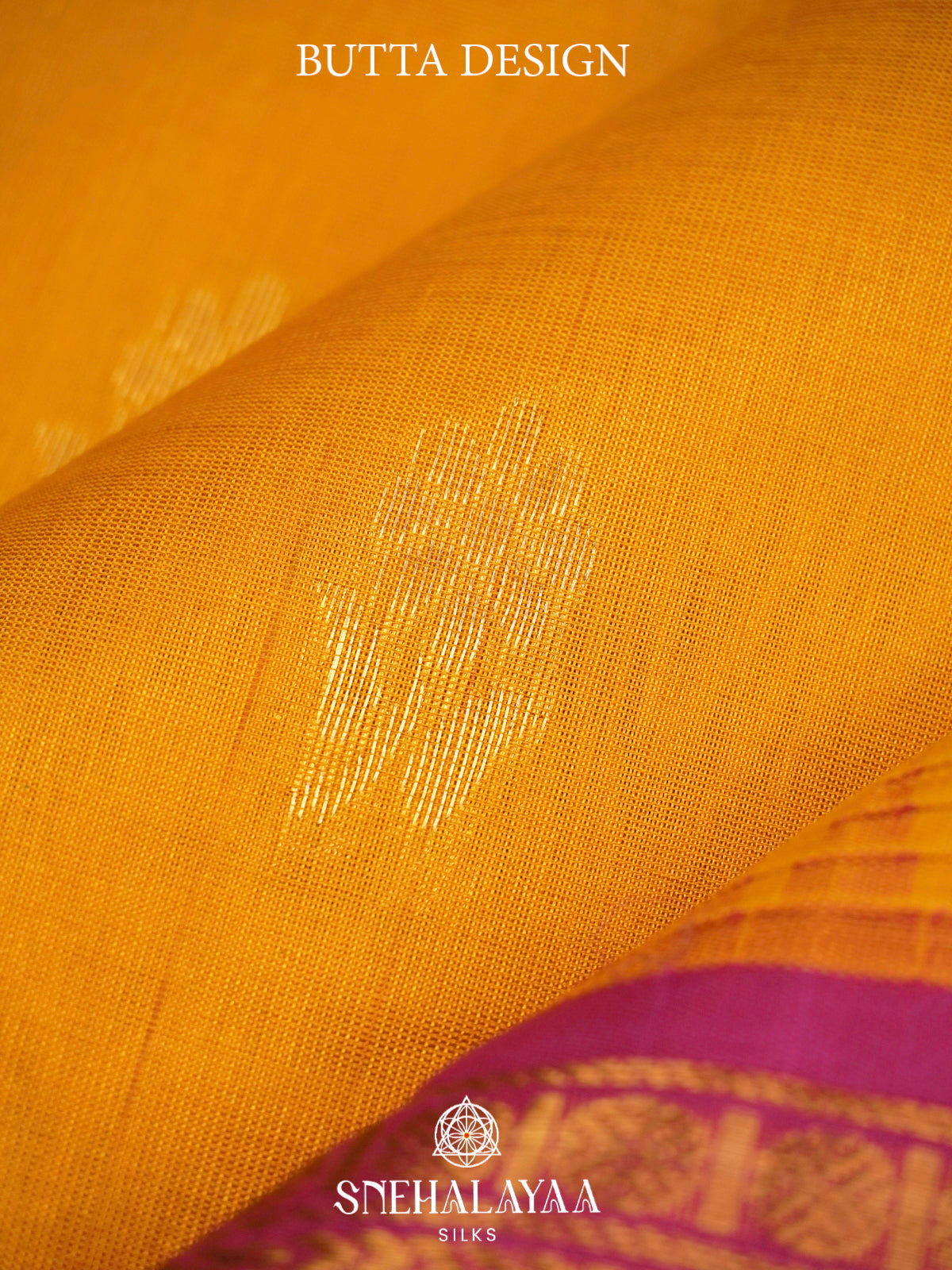 Yellow Kanchi Silk Cotton Saree with Gold Zari Buttas & Contrast Pink Border