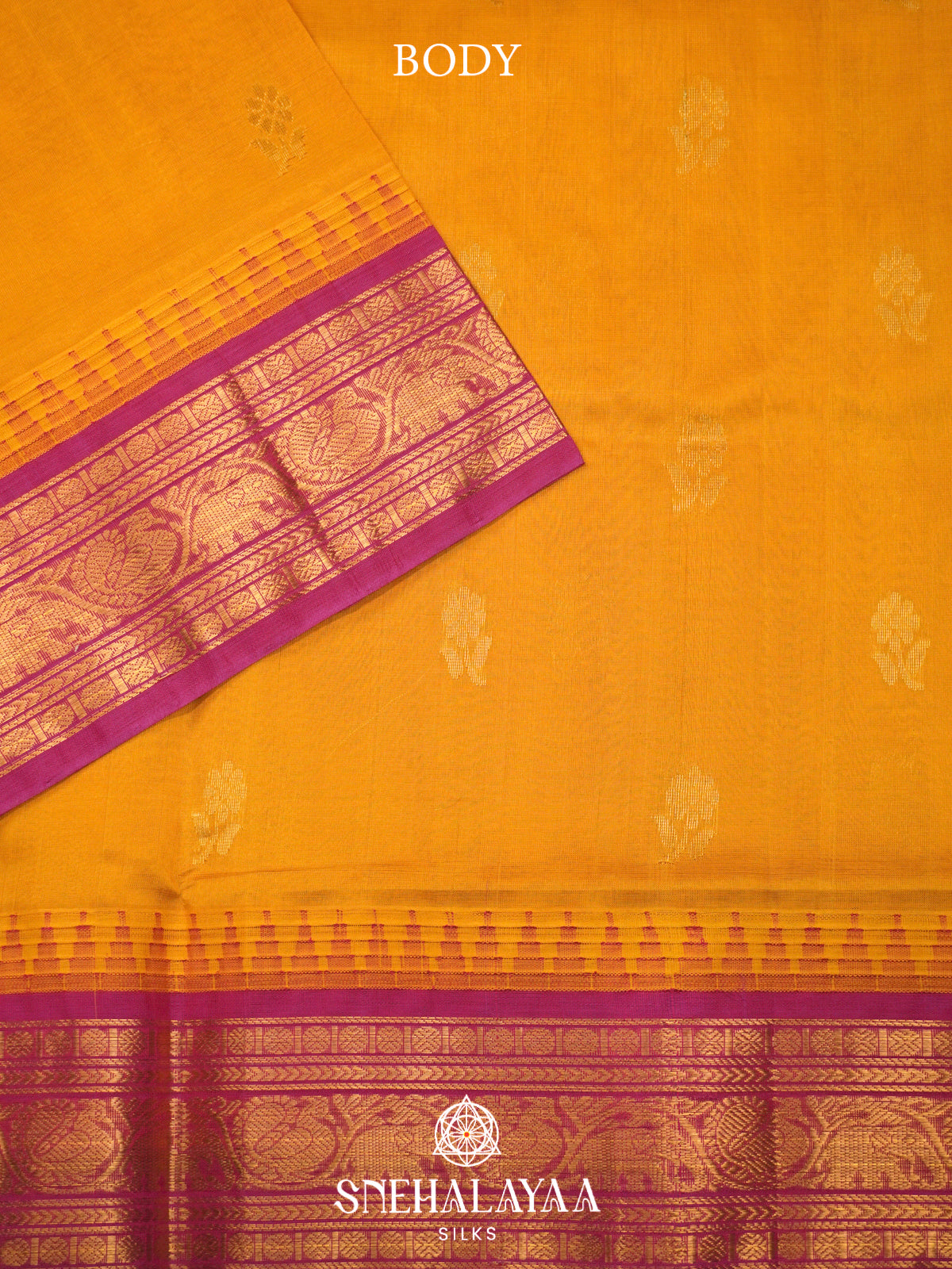 Yellow Kanchi Silk Cotton Saree with Gold Zari Buttas & Contrast Pink Border