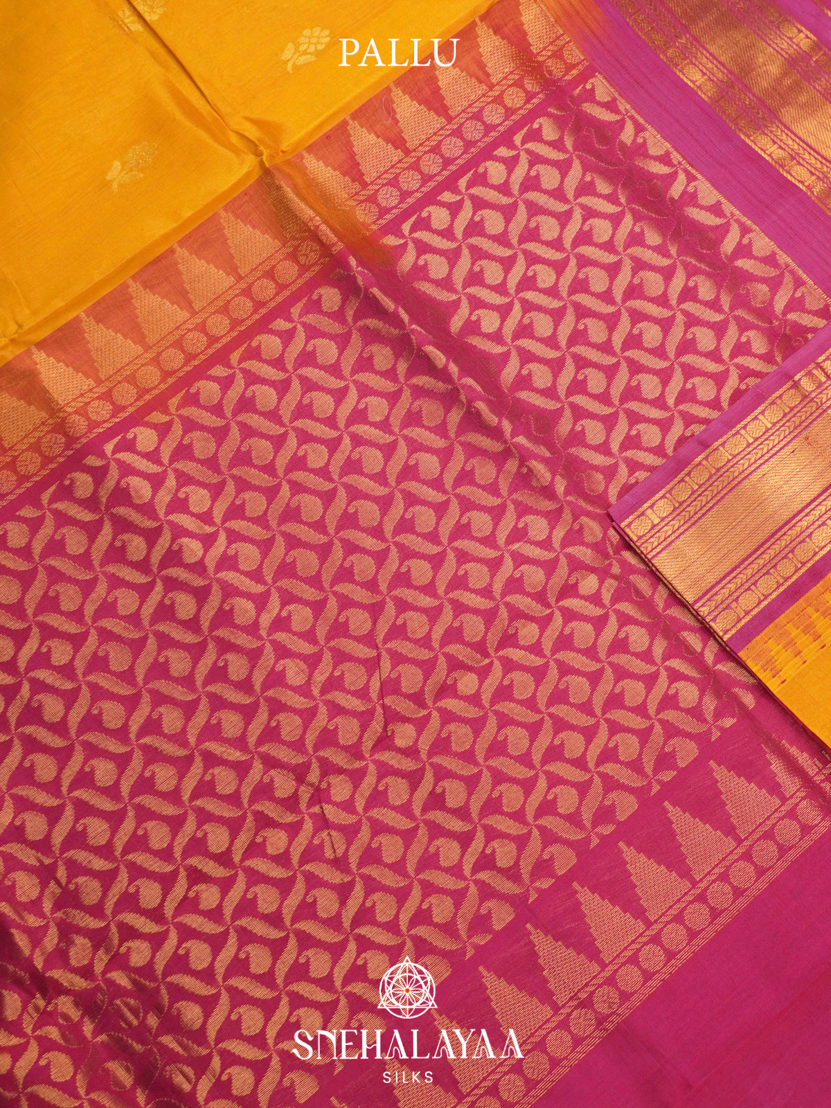 Yellow Kanchi Silk Cotton Saree with Gold Zari Buttas & Contrast Pink Border