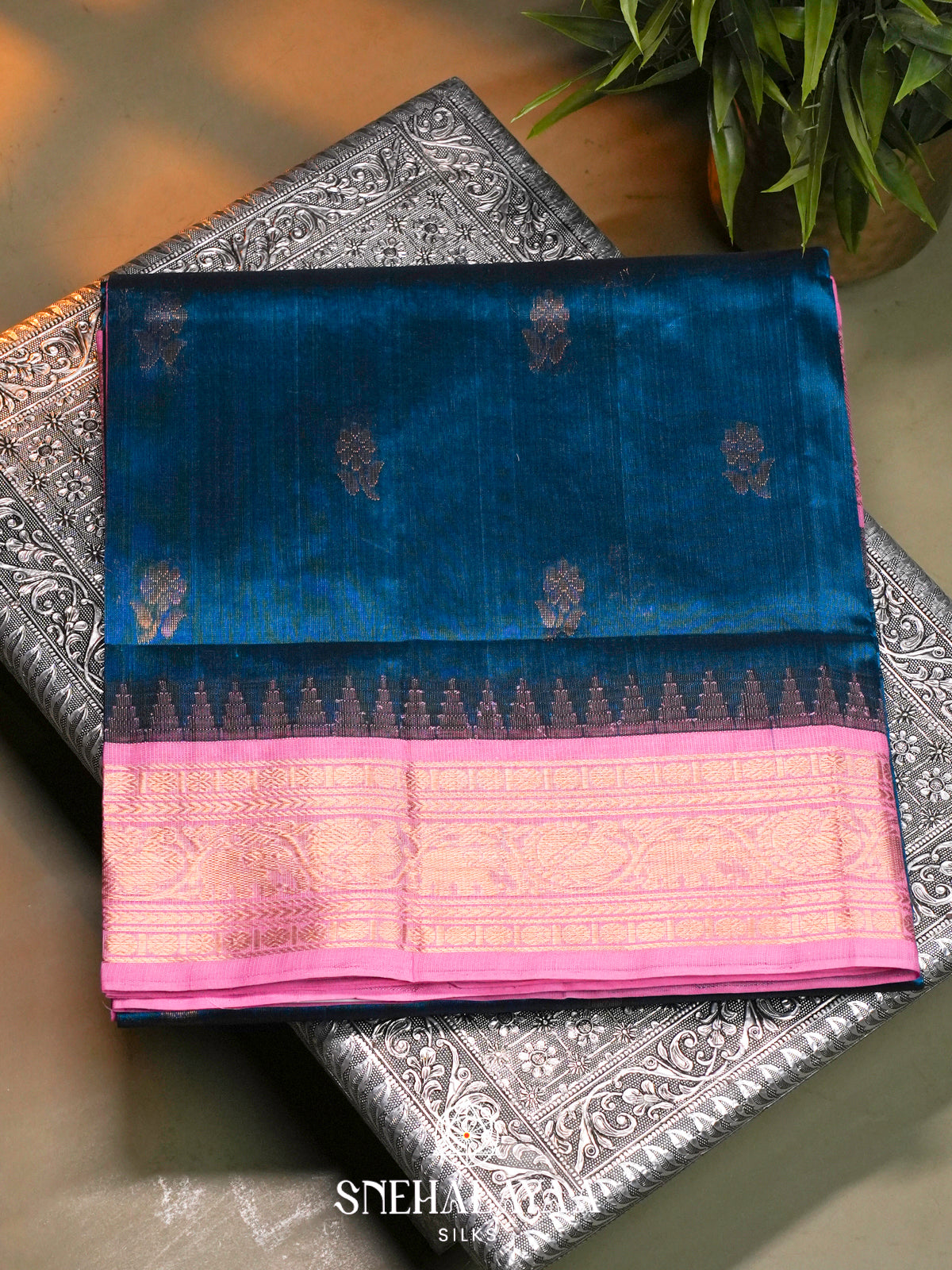 Teal-Blue Kanchi Silk Cotton Saree with Gold Zari Buttas & Contrast Pink Border