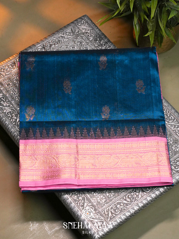 Teal-Blue Kanchi Silk Cotton Saree with Gold Zari Buttas & Contrast Pink Border