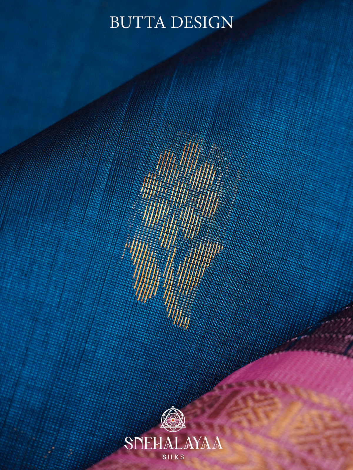Teal-Blue Kanchi Silk Cotton Saree with Gold Zari Buttas & Contrast Pink Border