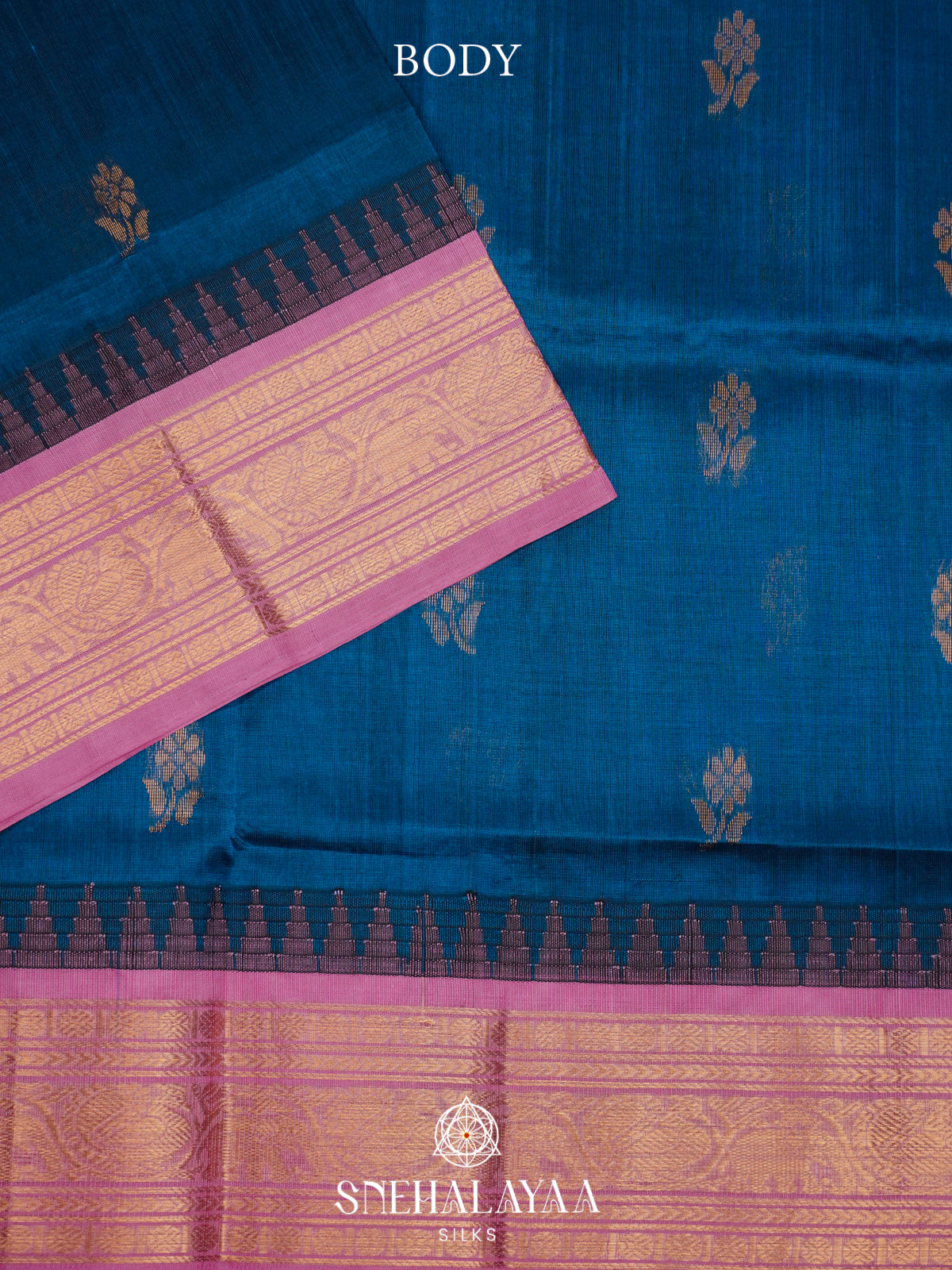 Teal-Blue Kanchi Silk Cotton Saree with Gold Zari Buttas & Contrast Pink Border