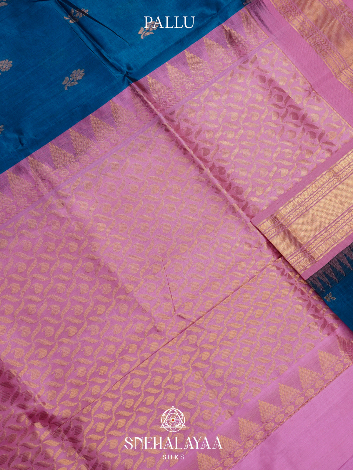 Teal-Blue Kanchi Silk Cotton Saree with Gold Zari Buttas & Contrast Pink Border