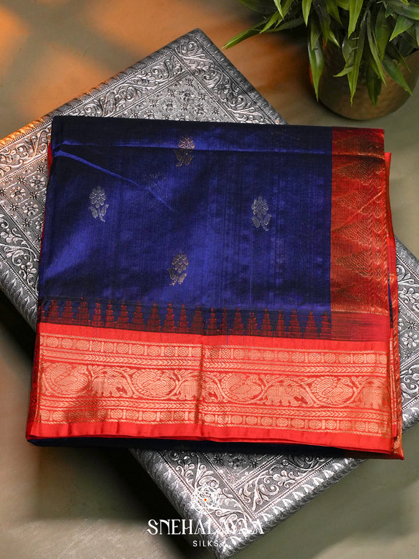 Royal Blue Kanchi Silk Cotton Saree with Gold Zari Buttas & Contrast Orange Border