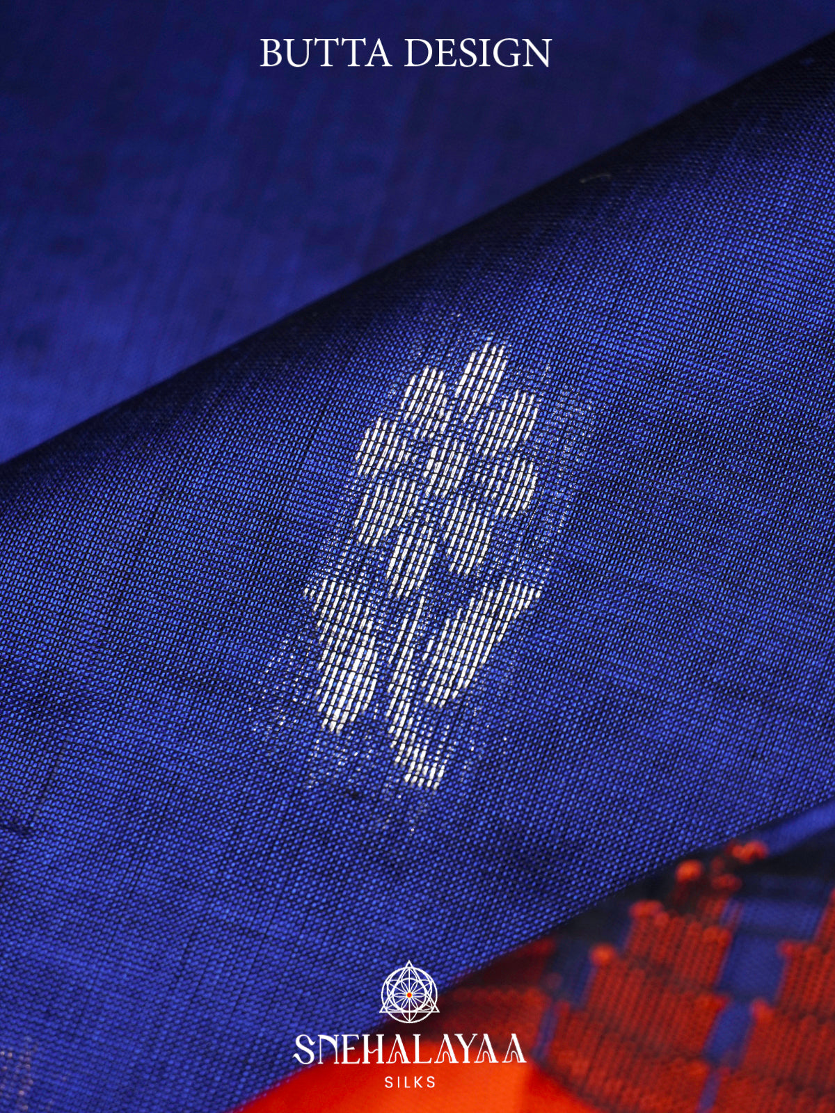 Royal Blue Kanchi Silk Cotton Saree with Gold Zari Buttas & Contrast Orange Border