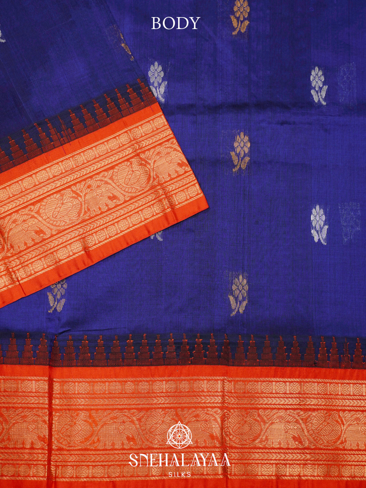 Royal Blue Kanchi Silk Cotton Saree with Gold Zari Buttas & Contrast Orange Border