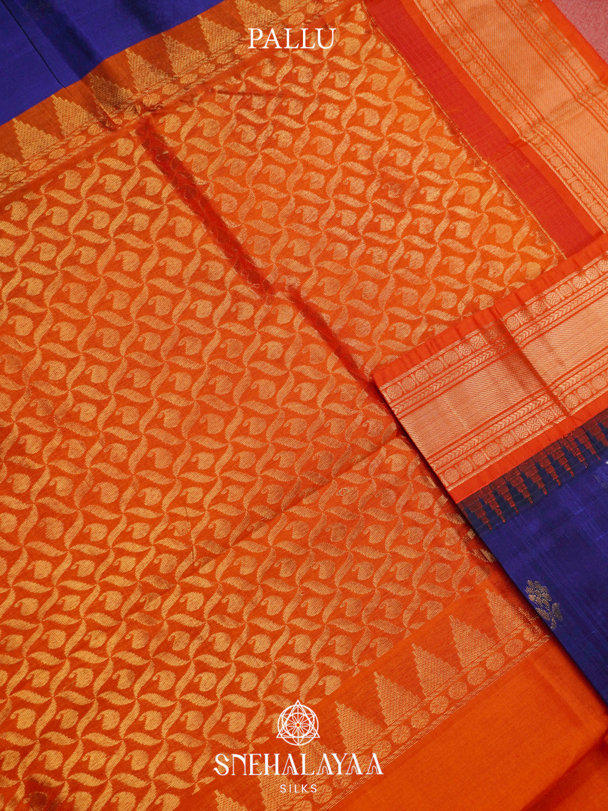 Royal Blue Kanchi Silk Cotton Saree with Gold Zari Buttas & Contrast Orange Border